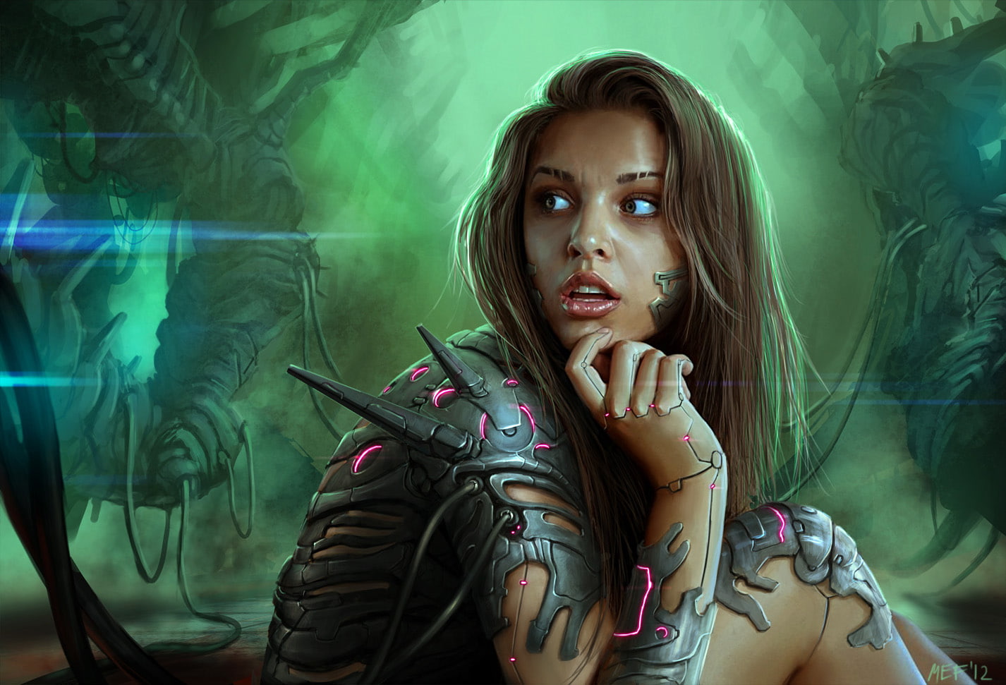 girl, light, gray, green light, fantasy, 720P, green, studded, armor, fantasy girl, HD Wallpaper