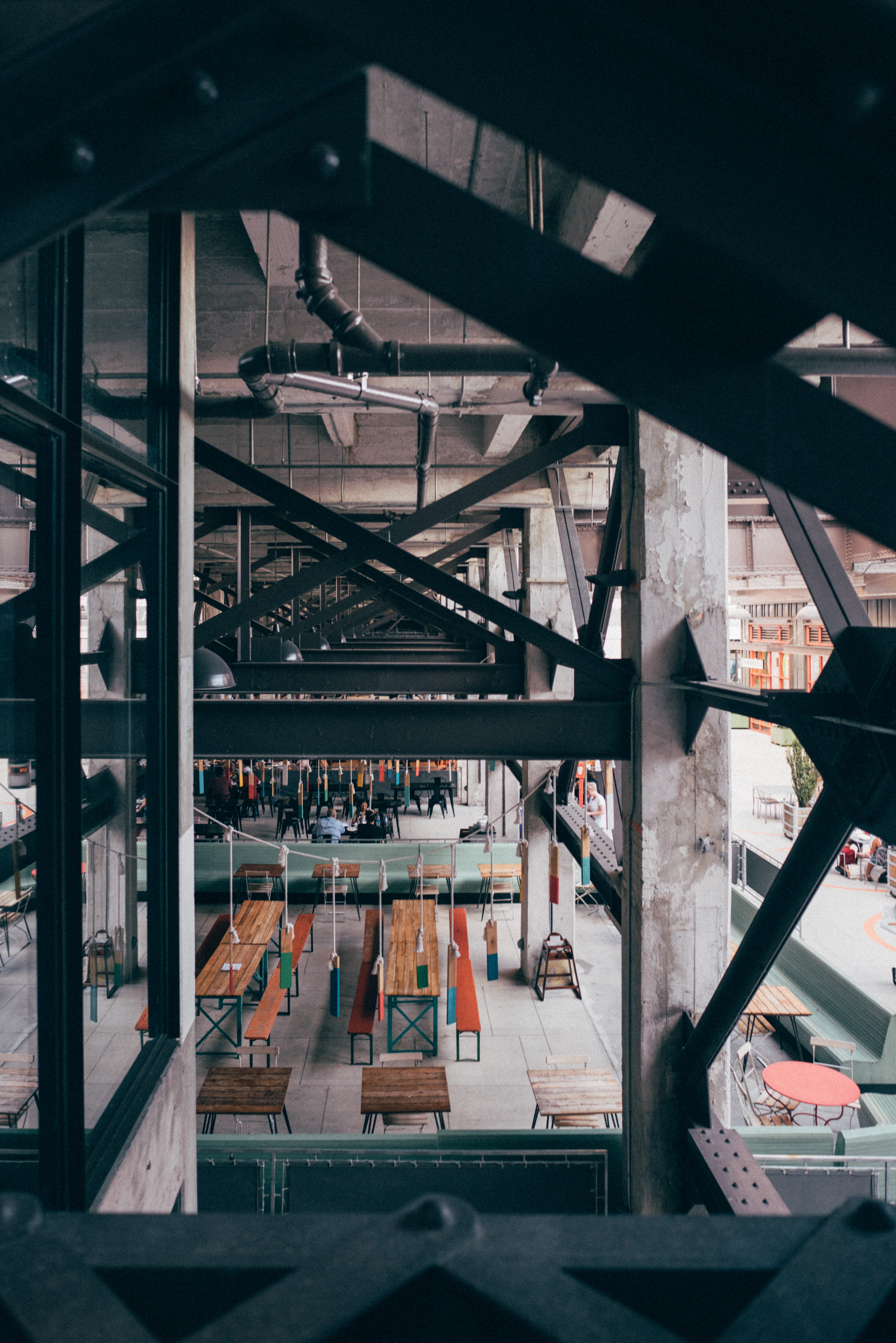 indoors, city, high, built structure, dining, industry, bar, 5K, seat, photo, day, land vehicle, surface, no people, wooden, brown, sunlight, angle, food court, Phone HD Wallpaper