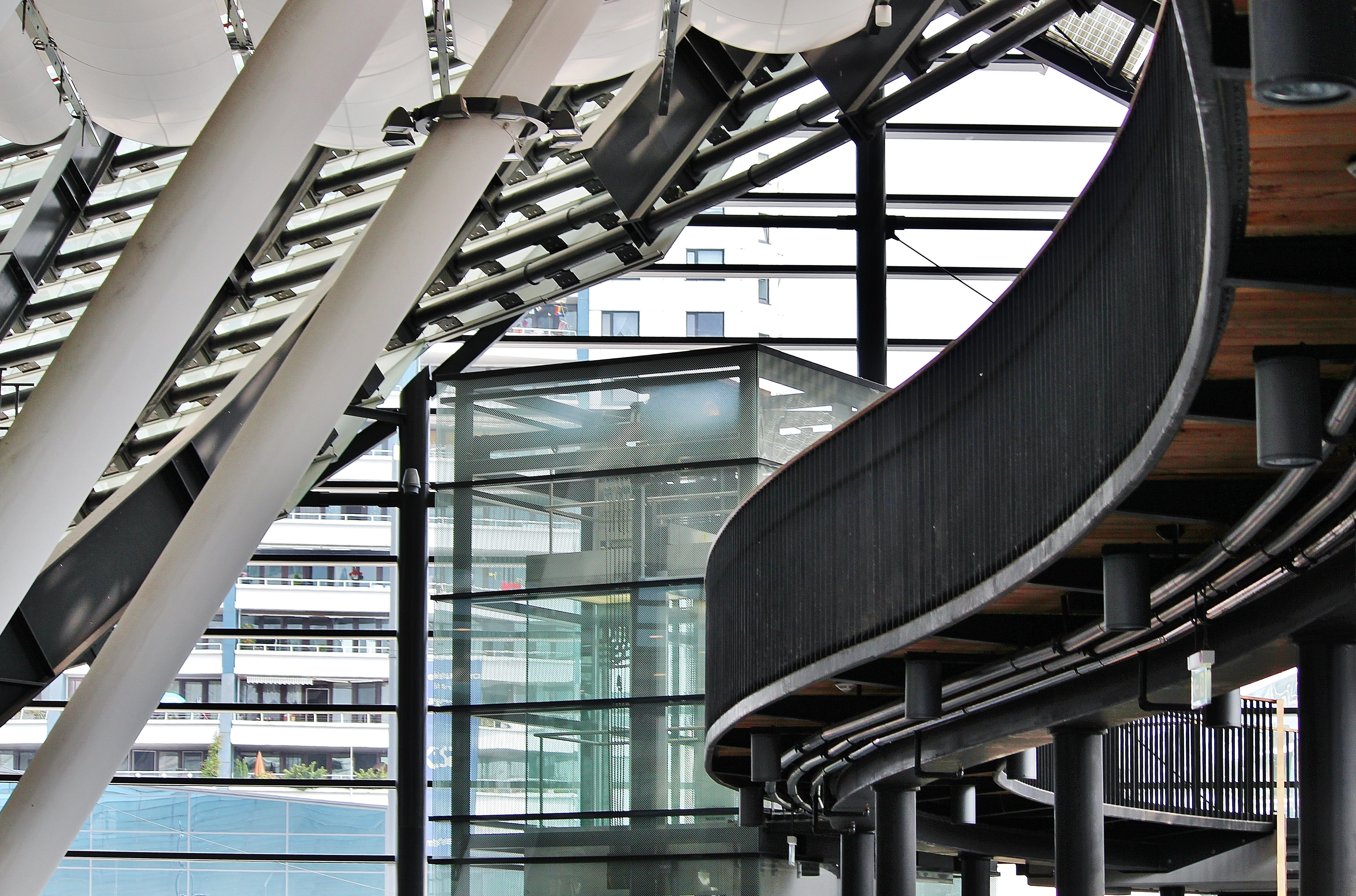 railing, low angle view, wood, window, architecture, transparent, steel beams, elevator, bridge, business, glass, day, bridge construction, metal, swinging, HD Wallpaper