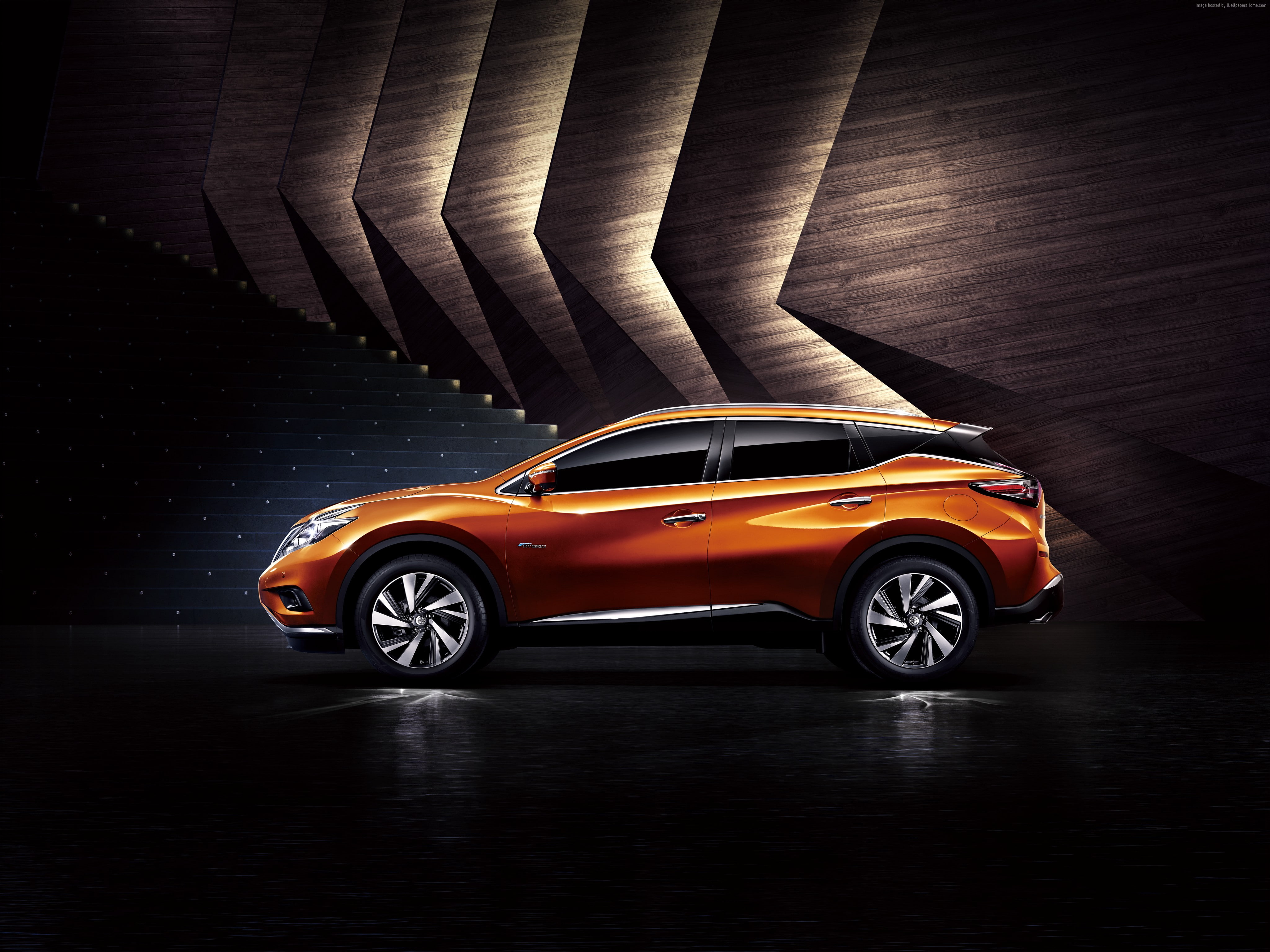 single object, no people, day, Nissan Murano, motion, shiny, indoors, orange, 4K, wall - building feature, car, architecture, transportation, luxury, flooring, HD Wallpaper