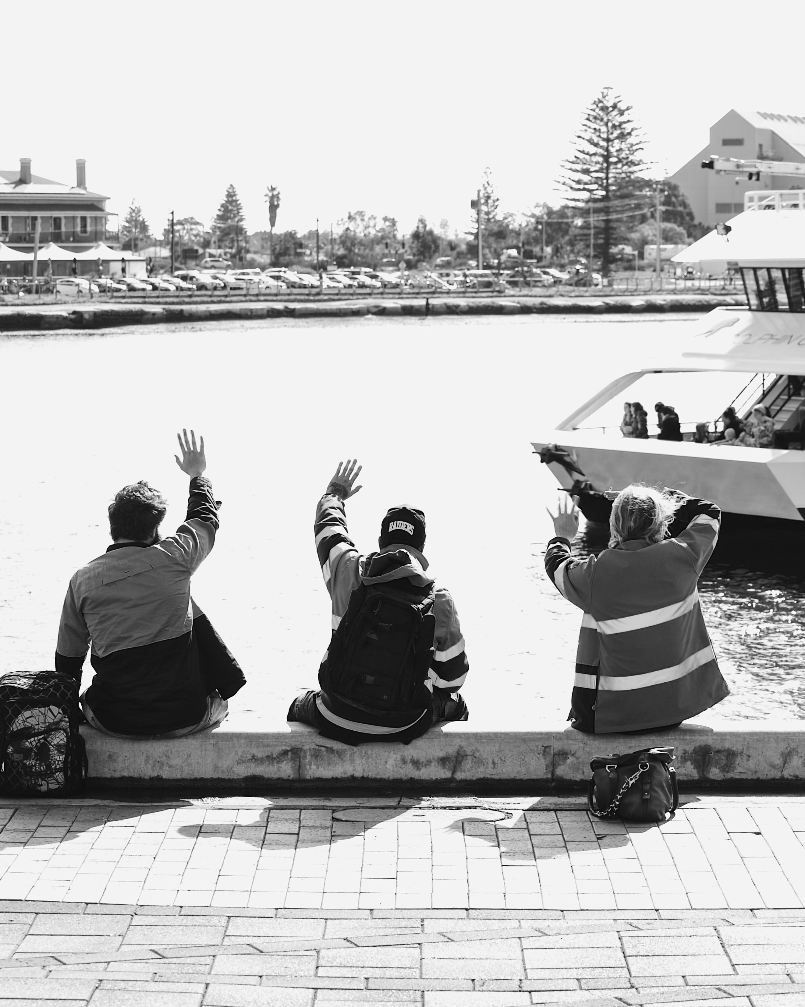 architecture, port adelaide, sky, port river, built structure, water, lifestyles, outdoors, day, rear view, group of people, togetherness, waving, human arm, Phone HD Wallpaper