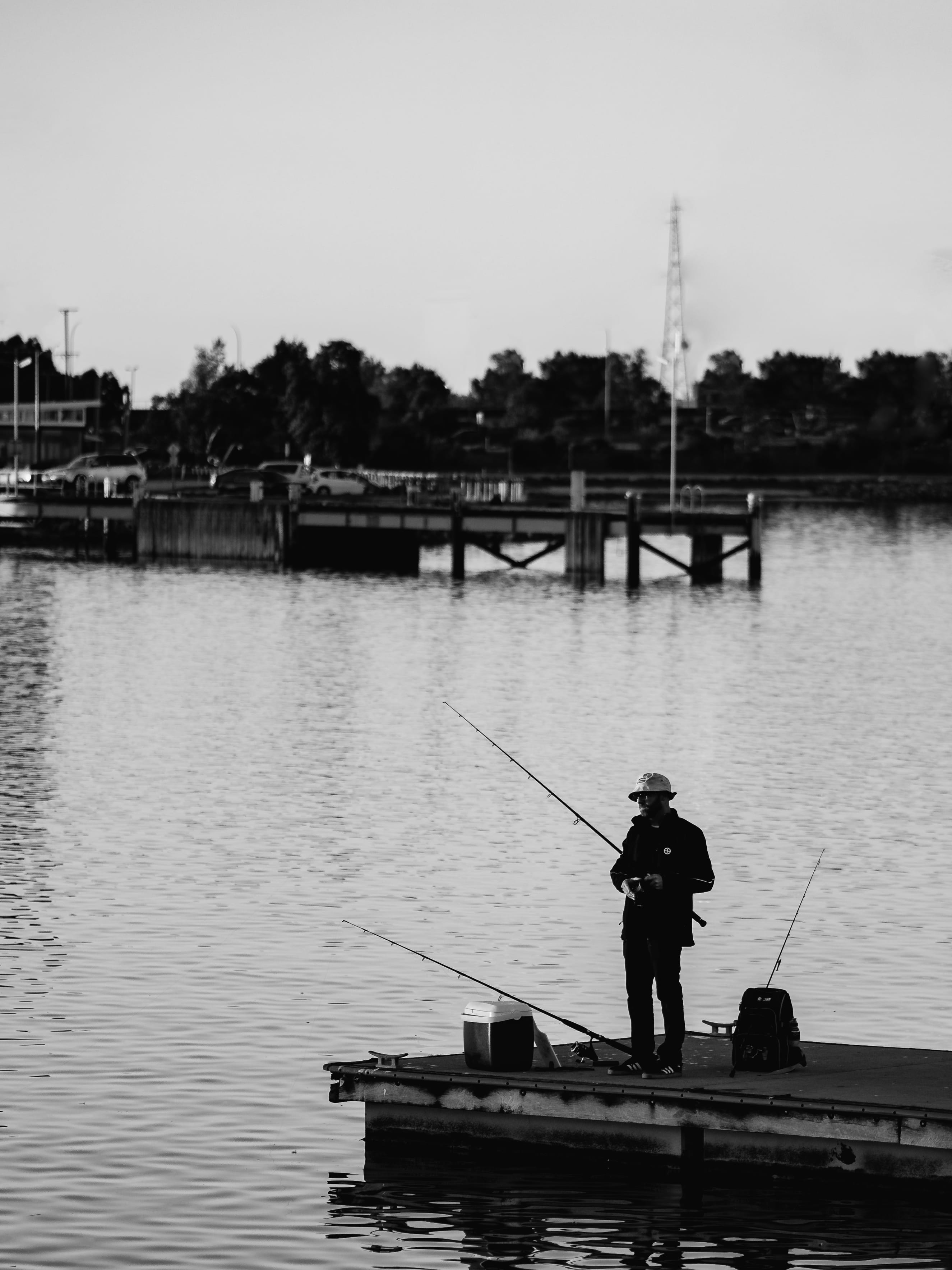 fisherman, explore, outdoors, mode of transportation, standing, lake, nautical vessel, black and white, fishing rod, fun, rod, water, 2K, portrait, thoughtful, Phone HD Wallpaper