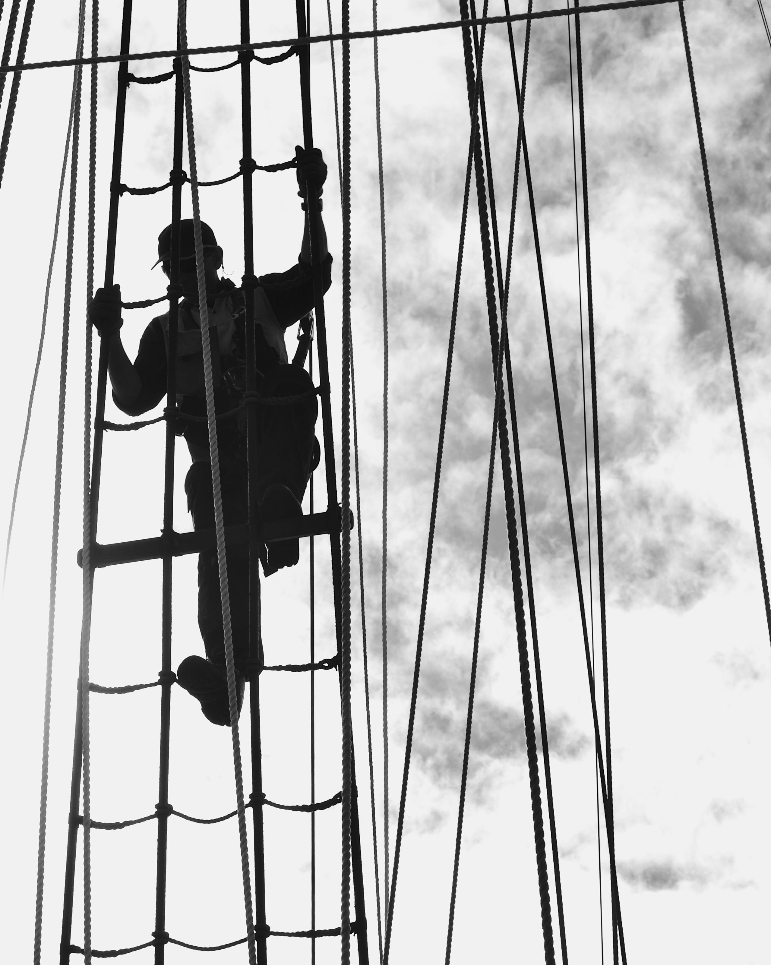 rope, sailing, 2K, cloud - sky, occupation, black and white, silhouette, low angle view, tall ship, south australia, arts culture and entertainment, nature, Phone HD Wallpaper