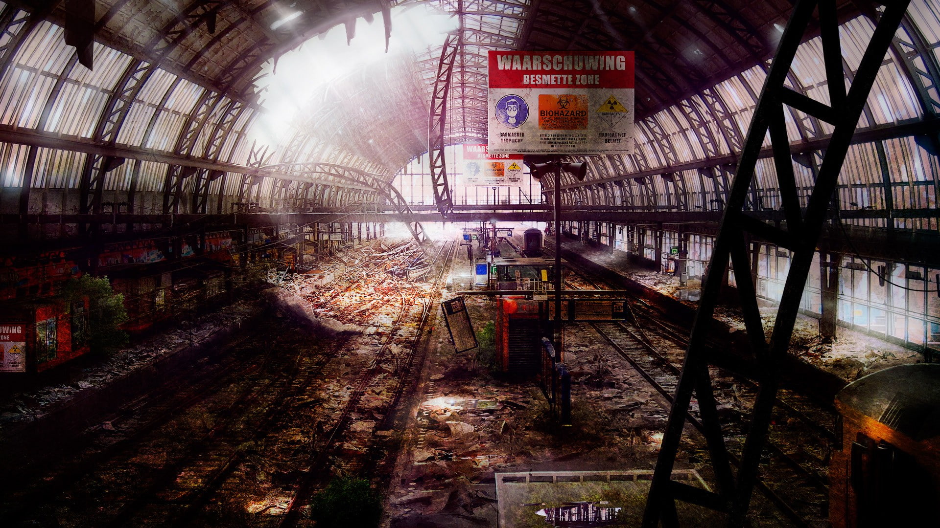 drawing, post, decay, station, urban, 1080P, dilapidated, train, apocalyptic, deserted, abandon, sunlight, HD Wallpaper