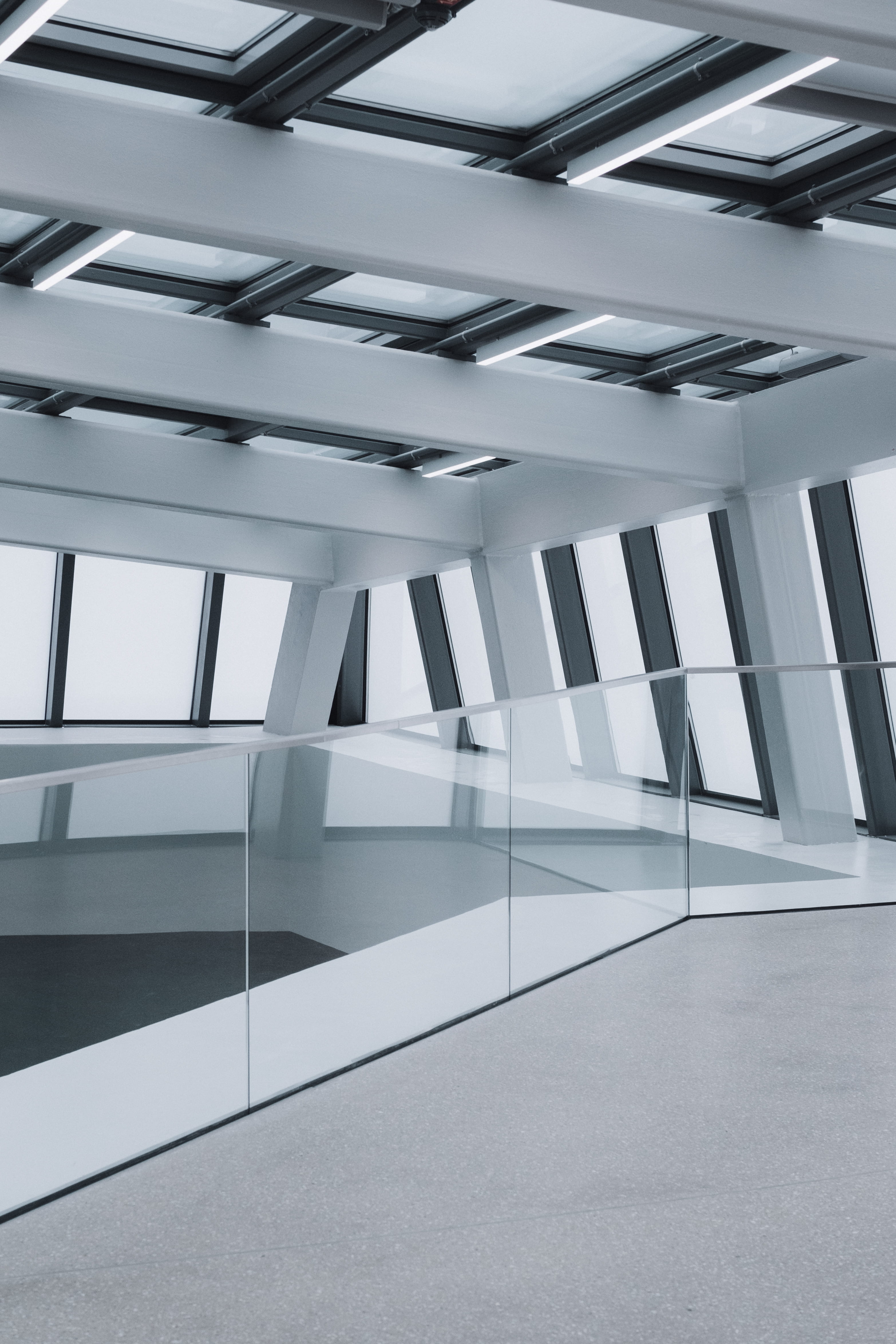 structure, design, glass - material, glass, grey, fence, ceiling, empty, modern, panels, staircase, black and white, steps and staircases, interior, geometrical, Phone HD Wallpaper