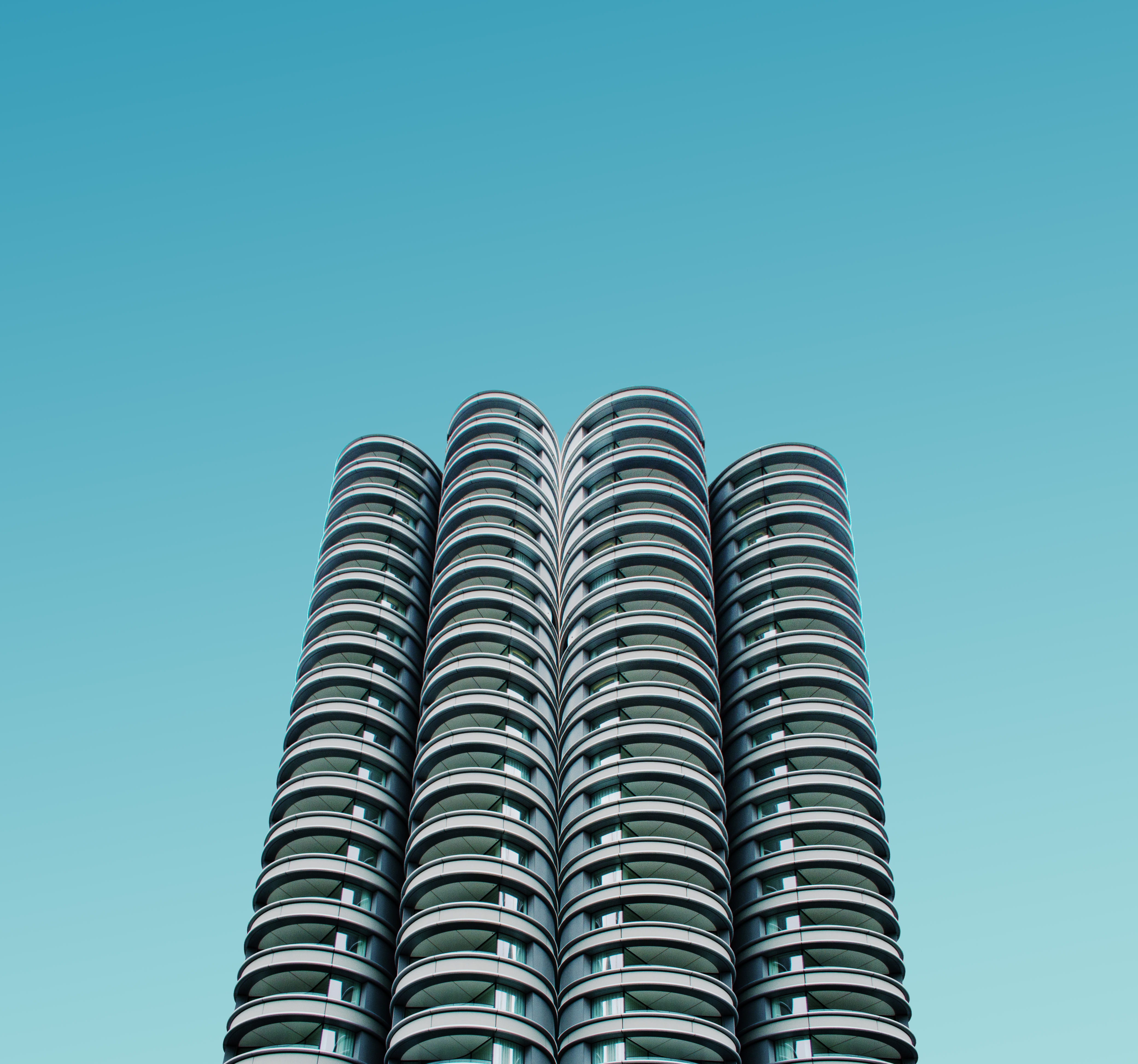 4K, angle, day, facade, building exterior, grey, rise, geometric, pattern, skyscraper, outdoors, minimal, no people, nature, blue background, built structure, HD Wallpaper
