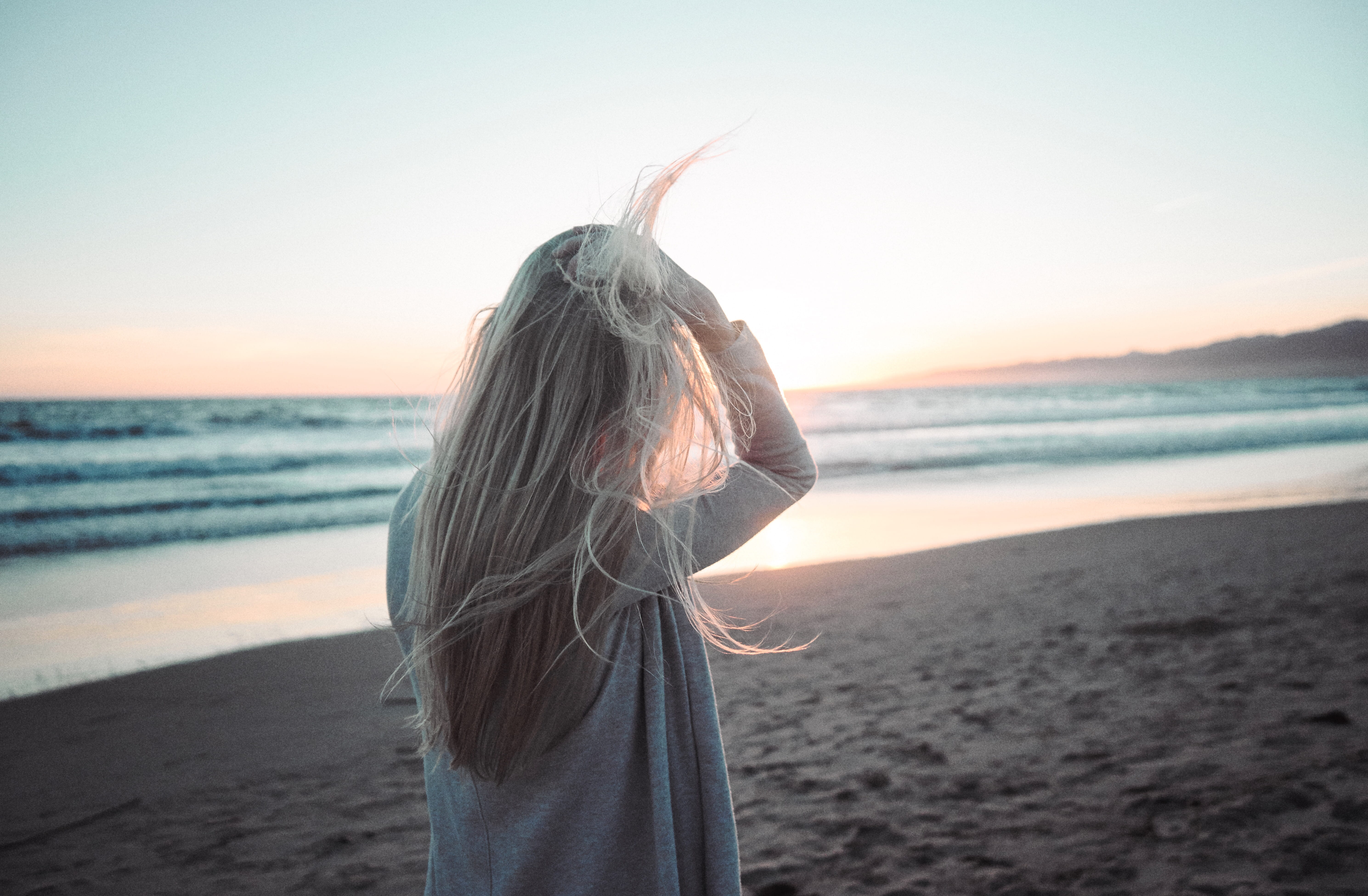 leisure activity, looking out, waist up, sand, model, lifestyle, shore, sunrise, 5K, calm, relax, daytime, hand, sky, human arm, orange, one person, holiday, HD Wallpaper