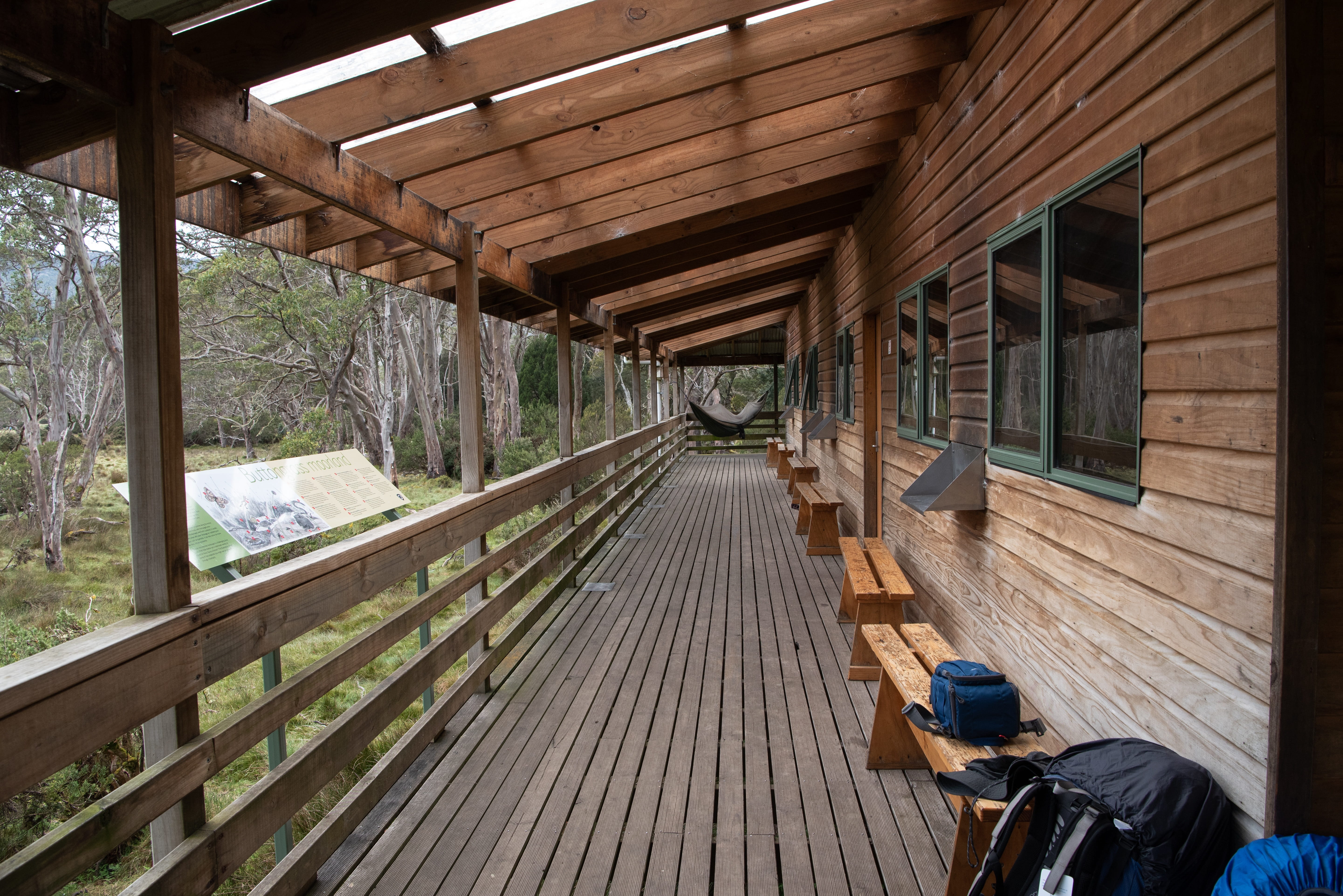 new pelion hut, 5K, tasmania, relaxation, bridge, wood paneling, railing, no people, indoors, ceiling, chair, architecture, verandah, seat, overland track, HD Wallpaper