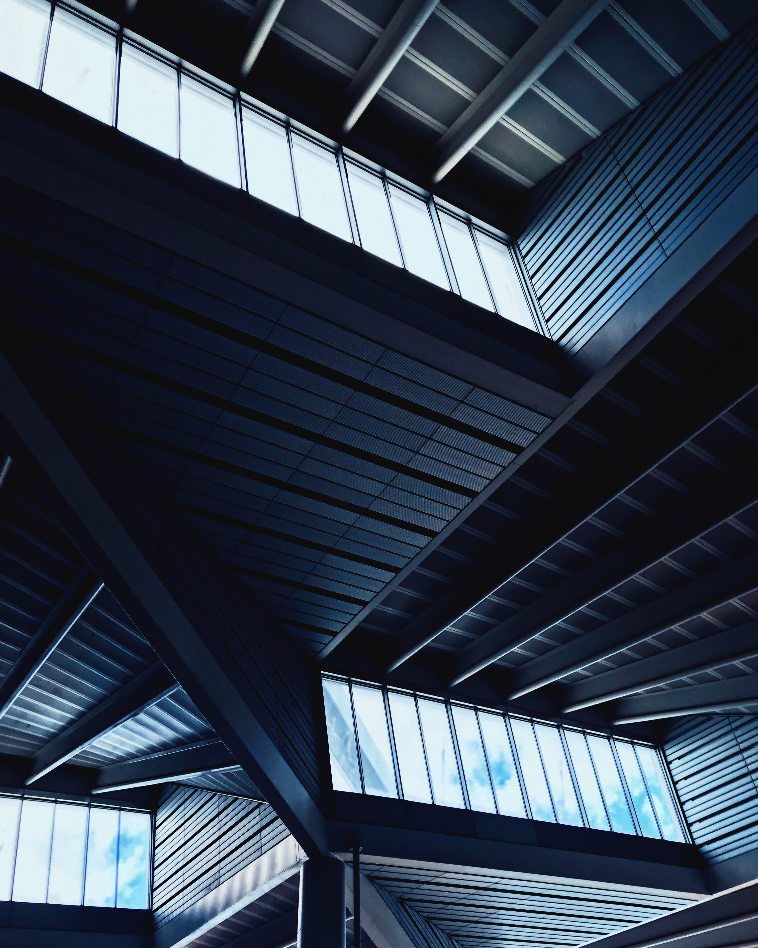 glass, gray, skylight, train station, nature, architecture, indoors, sky, roof, ceiling, windows, low angle view, black, window, building, day, sunlight, Phone HD Wallpaper