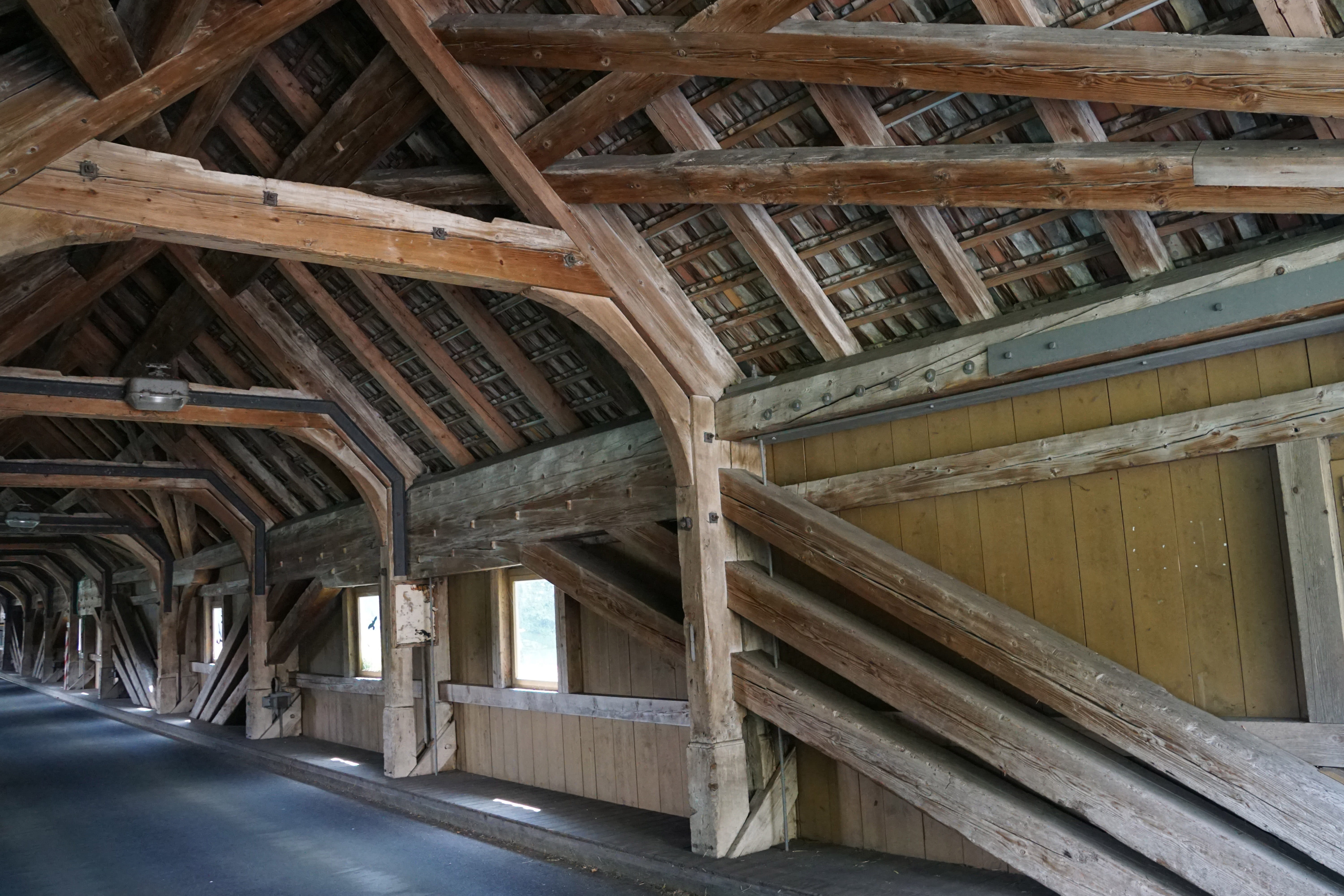 wood - Material, ceiling, indoors, day, connection, switzerland germany, d-ch, covered wooden bridge, construction Industry, Wooden Bridge, architecture, HD Wallpaper