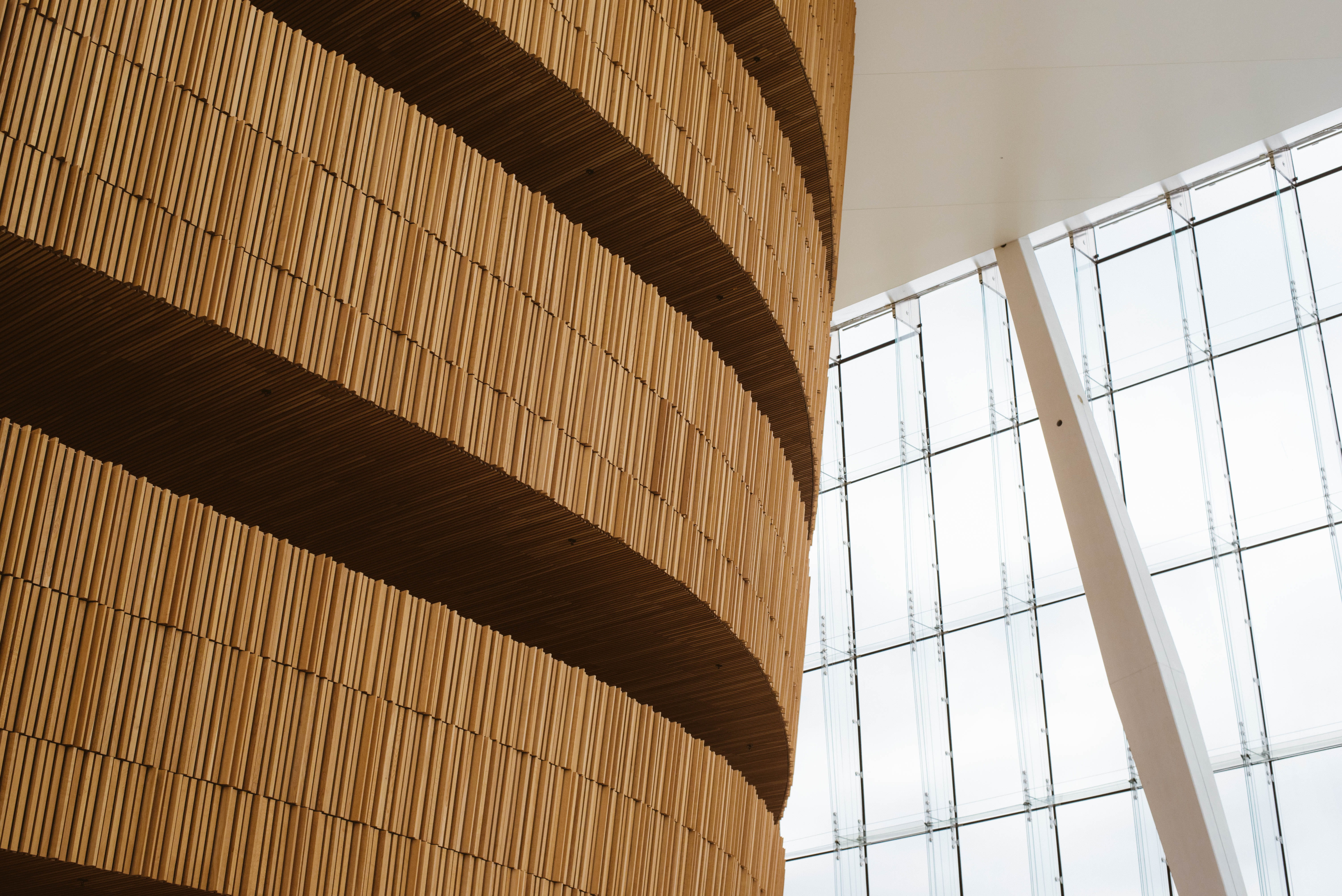 design, close-up, built structure, architecture, day, indoors, steel, glass, wood, oslo opera house, warm, lines, low angle view, nature, brown, curve, HD Wallpaper
