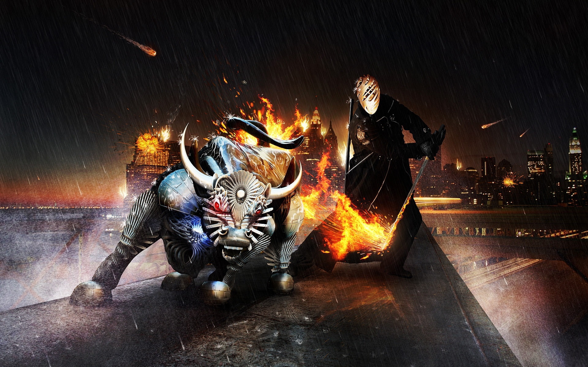 skill, performance, glowing, rider, nature, people, 1080P, motion, burning, art and craft, fire, representation, night, illuminated, full length, Bull, HD Wallpaper