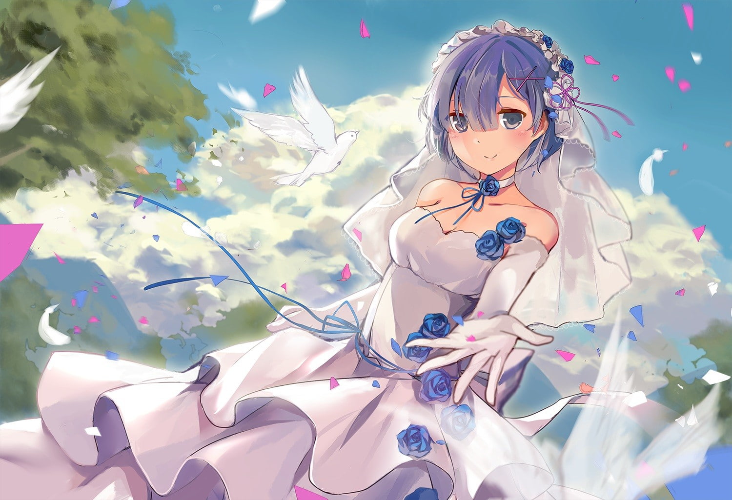 wedding dress, Rem (Re: Zero), gloves, dress, rose, anime, blue eyes, anime girls, headdress, 720P, short hair, blue hair, Re:Zero Kara Hajimeru Isekai, HD Wallpaper