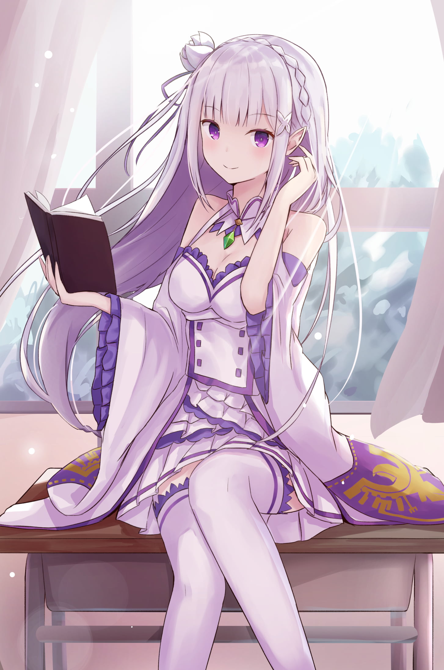 artwork, portrait display, long hair, books, Emilia (Re: Zero), digital art, white dress, blue eyes, anime girls, vertical, anime, dress, 1080P, white hair, Phone HD Wallpaper