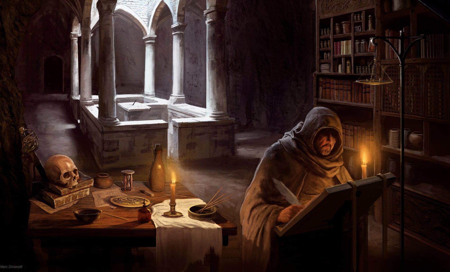 near, spooky, old, church, 720P, sitting, history, religion, indoors, built structure, shelf, human representation, death, christianity, table, place of worship, HD Wallpaper