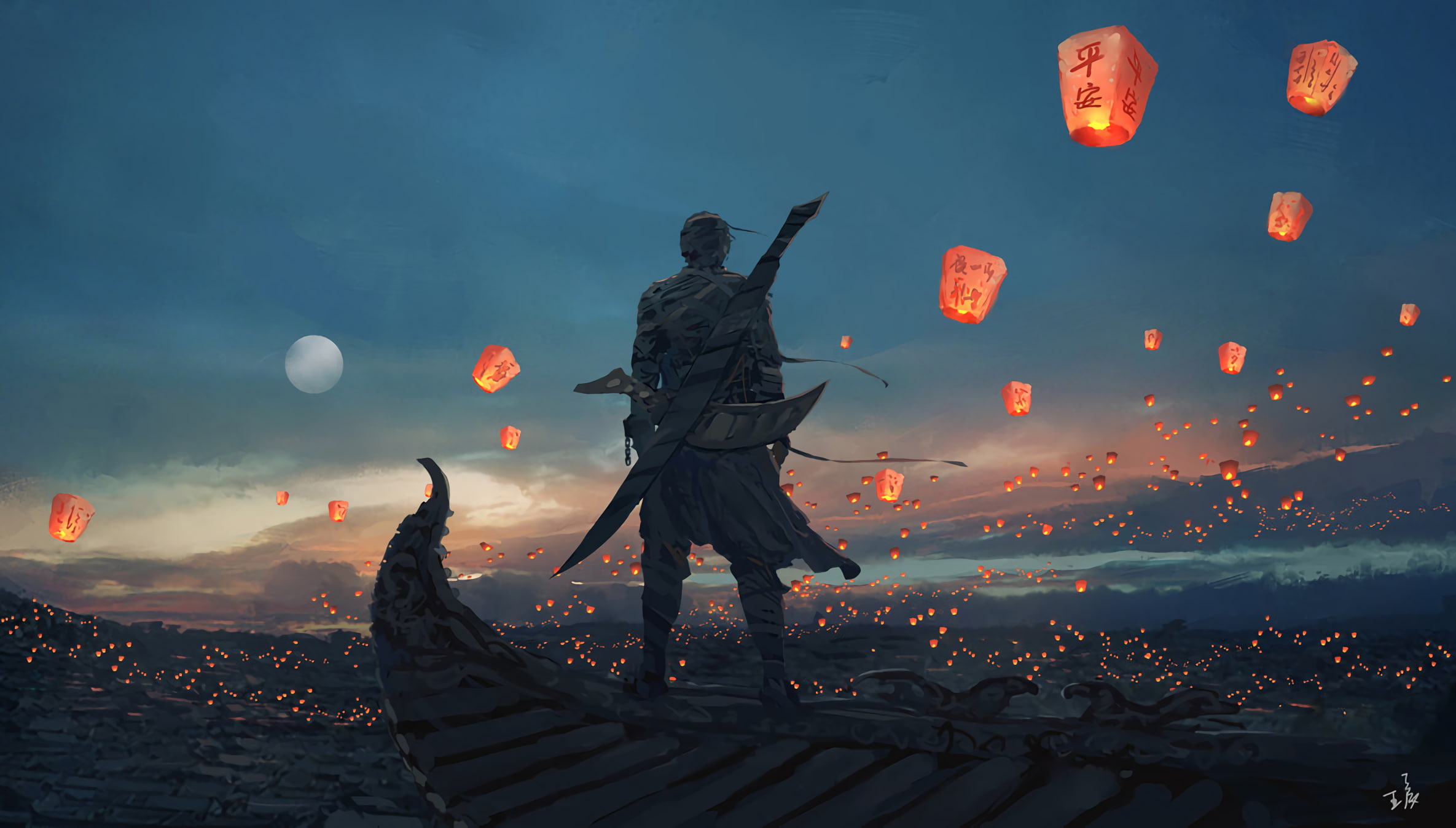 anime, sky, lantern, 1080P, HD Wallpaper