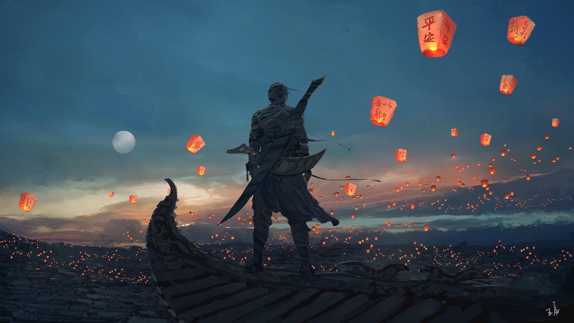 sunset, water, lanterns, architecture, representation, lighting equipment, outdoors, lantern, sky, dusk, built structure, nature, mid-air, 1080P, building, HD Wallpaper