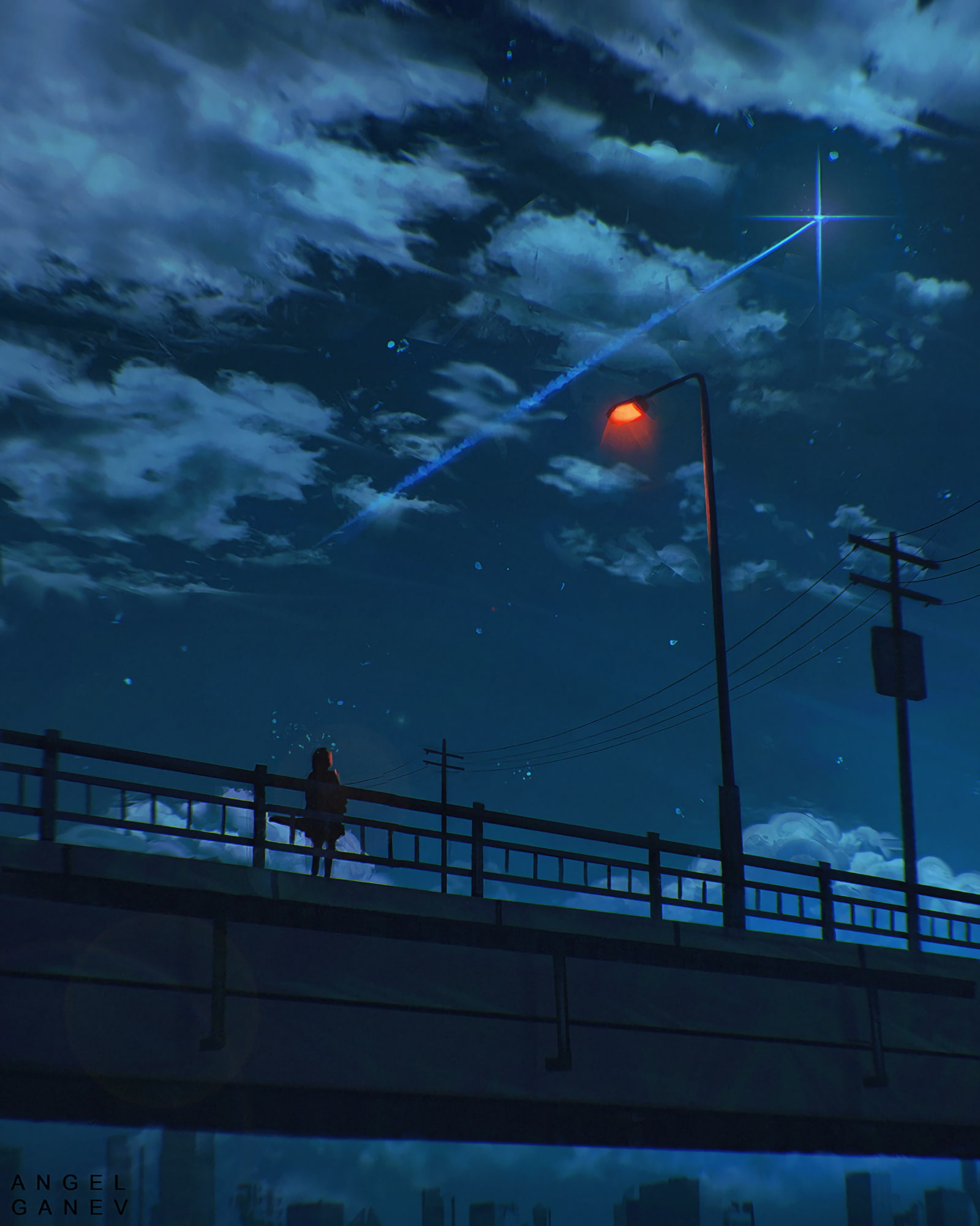 loneliness, bridge, lantern, 1080P, sky, art, night, Phone HD Wallpaper