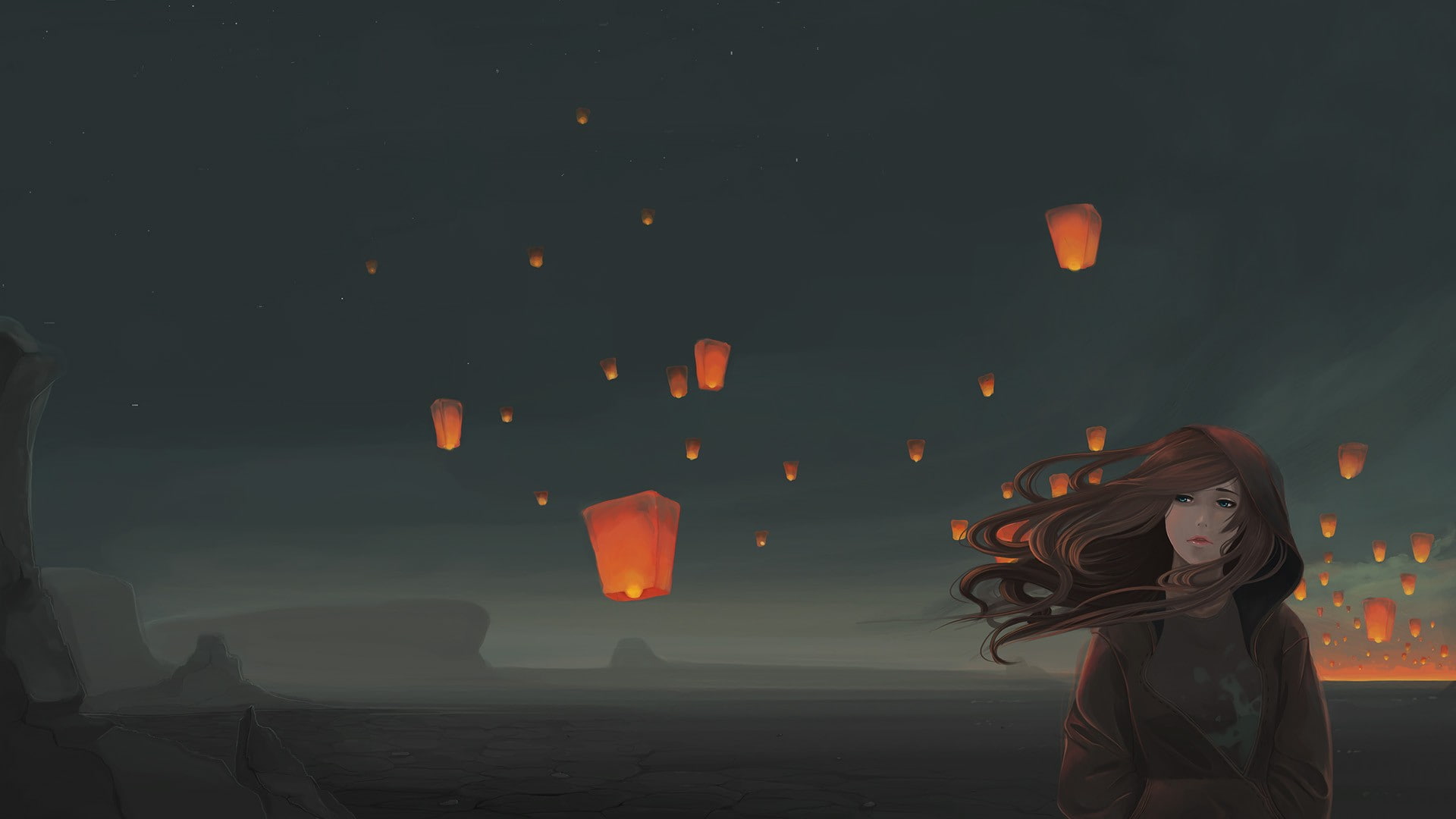 sky lanterns, windy, original characters, night, 1080P, HD Wallpaper