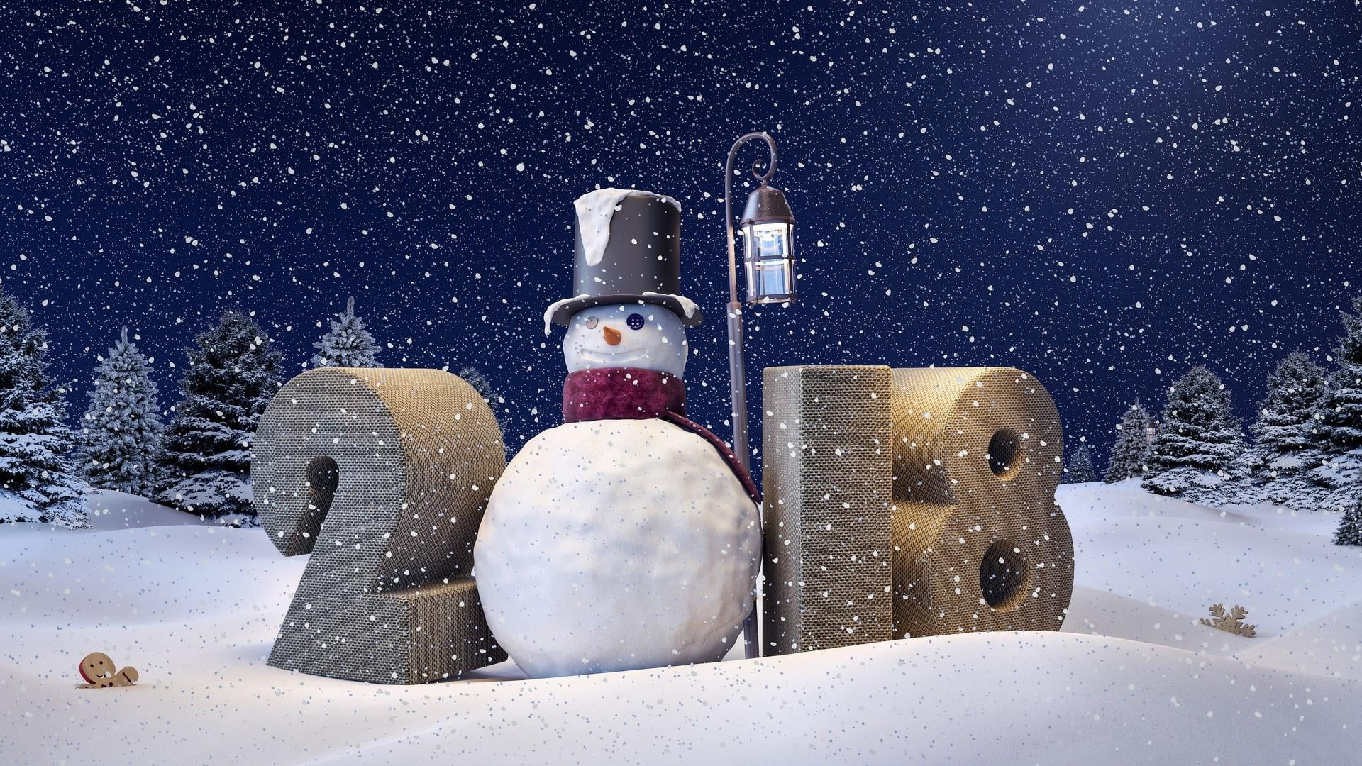 snowman, no people, frozen, snowflake, scenics - nature, 2018, beauty in nature, winter, night, snowfall, cold temperature, blizzard, 1080P, tree, new year, HD Wallpaper