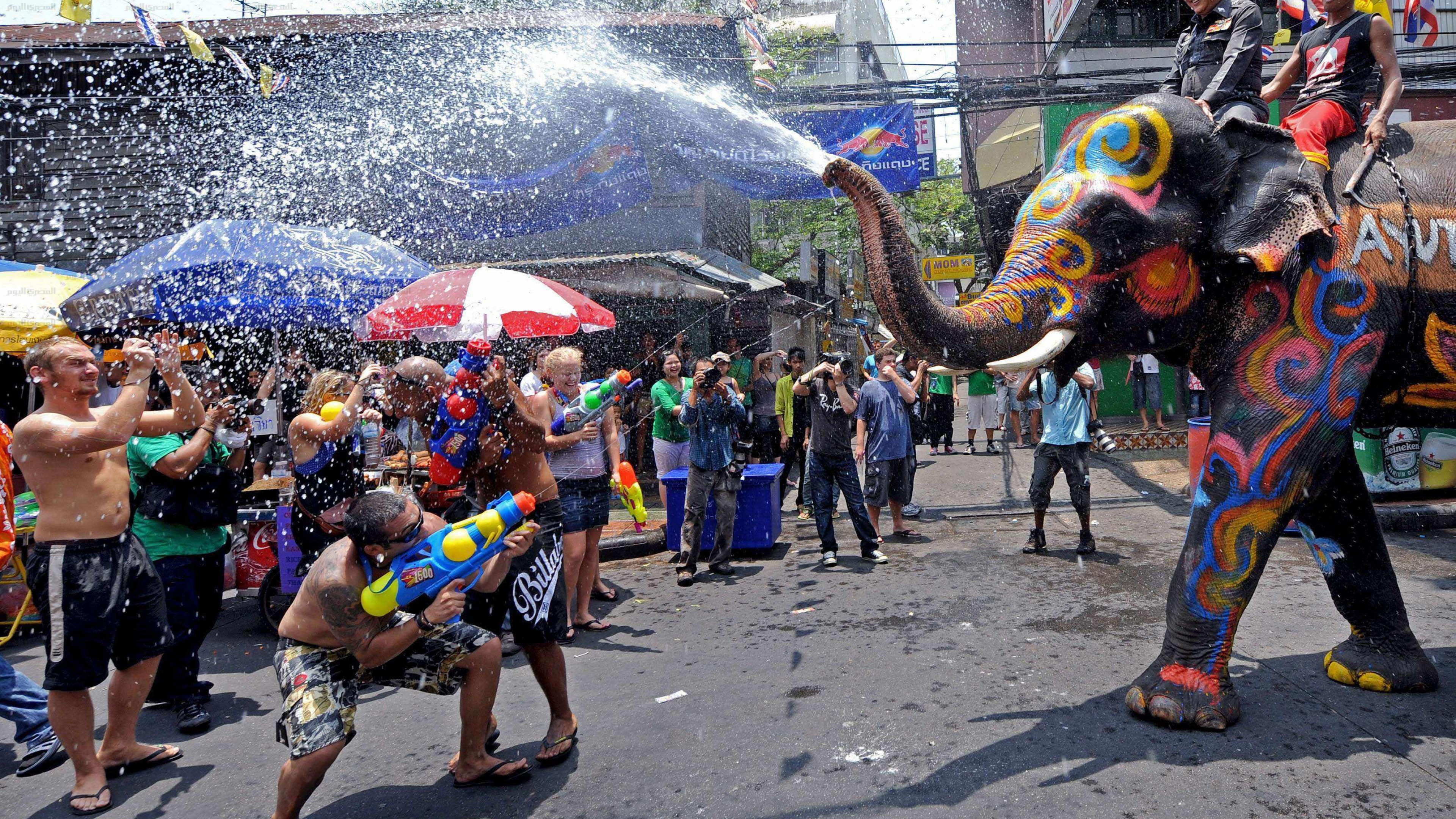 Songkran, Thailand, people, Water Festival, Thai New Year, celebrating, street, group, festival, event, 4K, elephant, HD Wallpaper