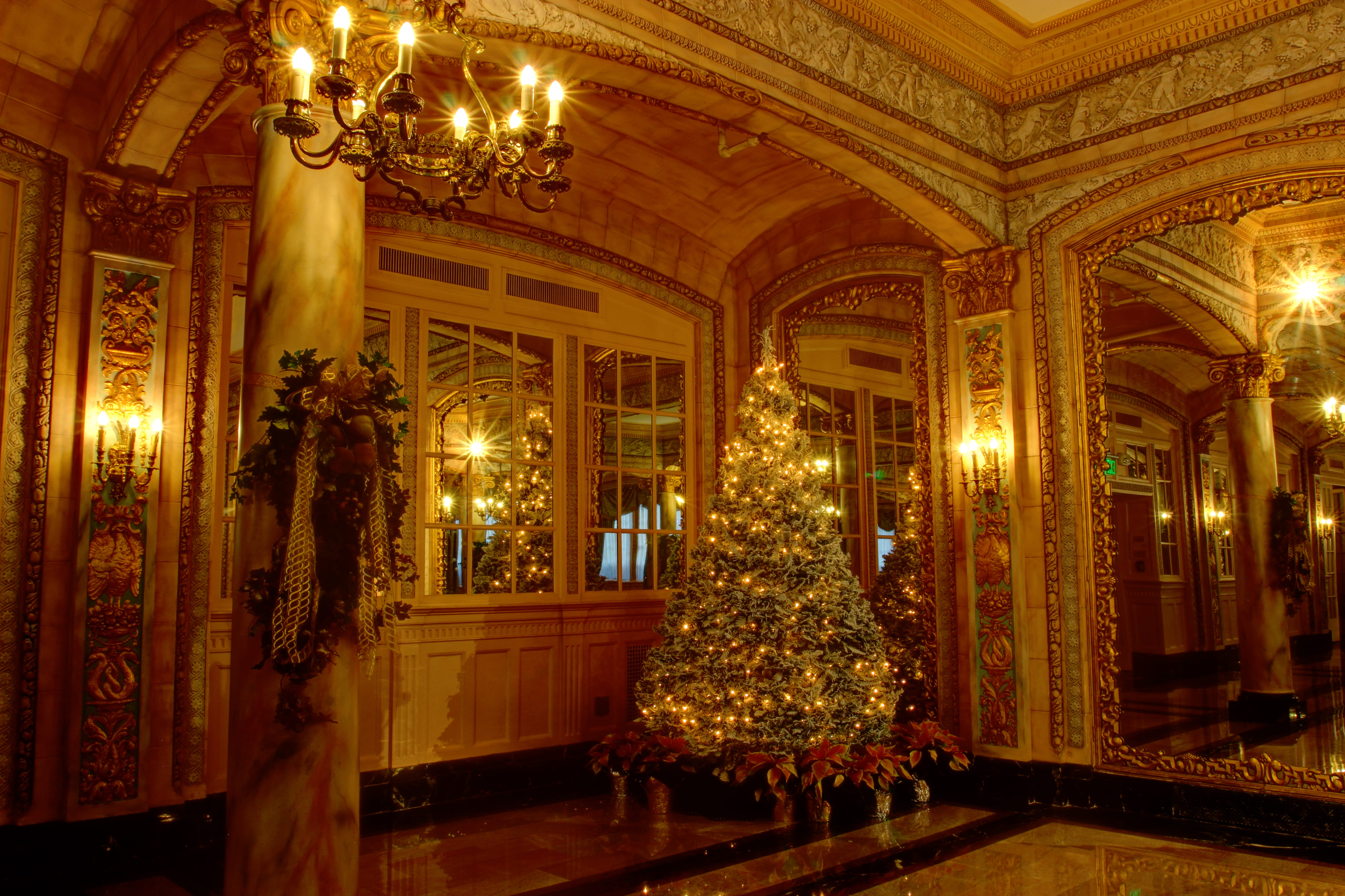 decor, built structure, night, floor, christmas tree, 5K, festive, room, ornament, hall, ceiling, holiday, architecture, luxury, building, near, flooring, HD Wallpaper