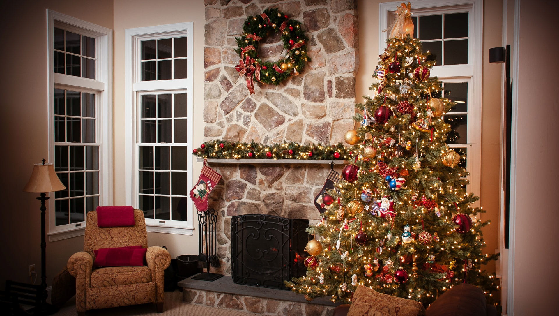 decoration, nature, christmas, christmas ornaments, christmas decorations, tree, fireplace, gift, indoors, illuminated, room, chair, sofa, no people, colourful, HD Wallpaper