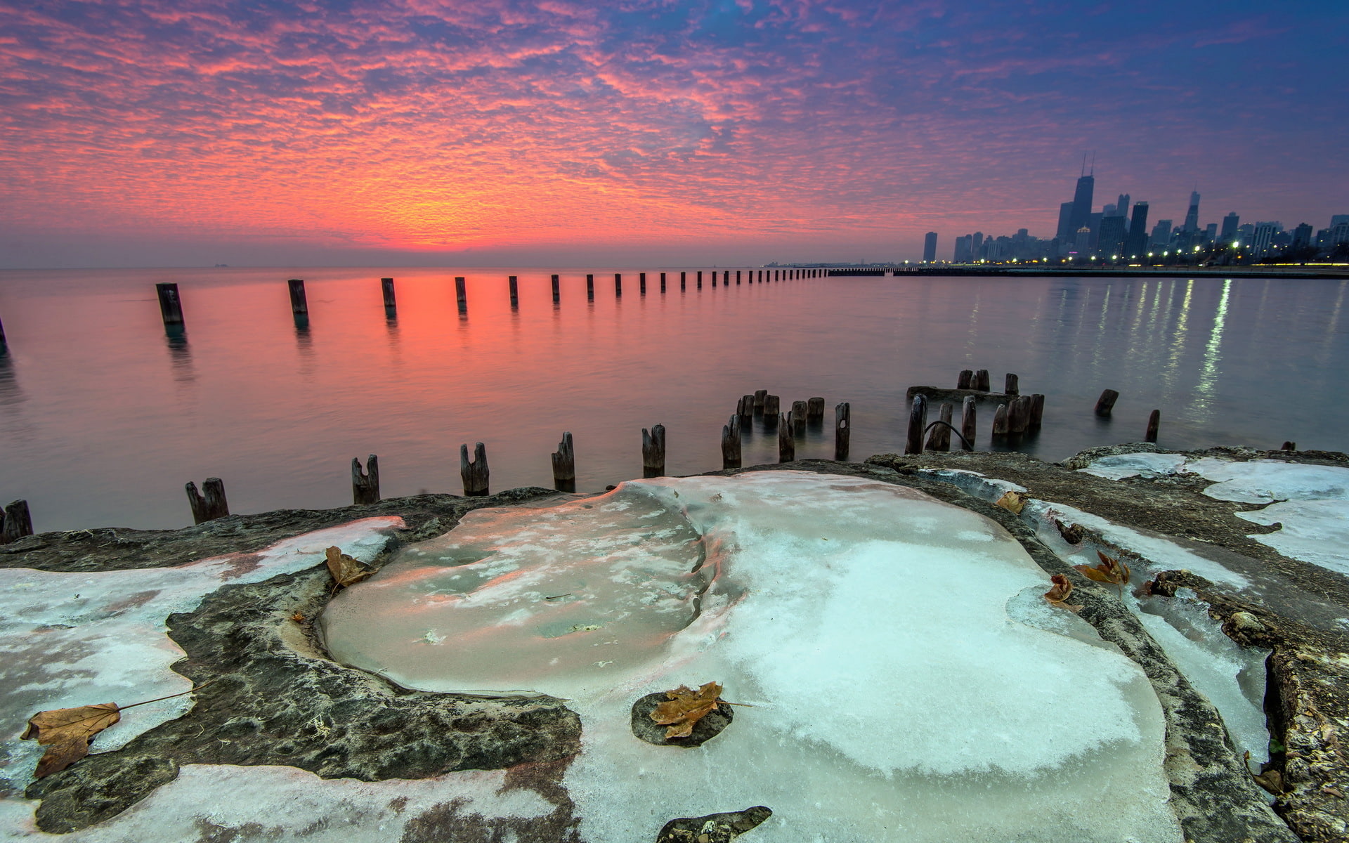Michigan, Chicago, water, Lake, ice, Fullerton, 1080P, Beach, sunrise, HD Wallpaper