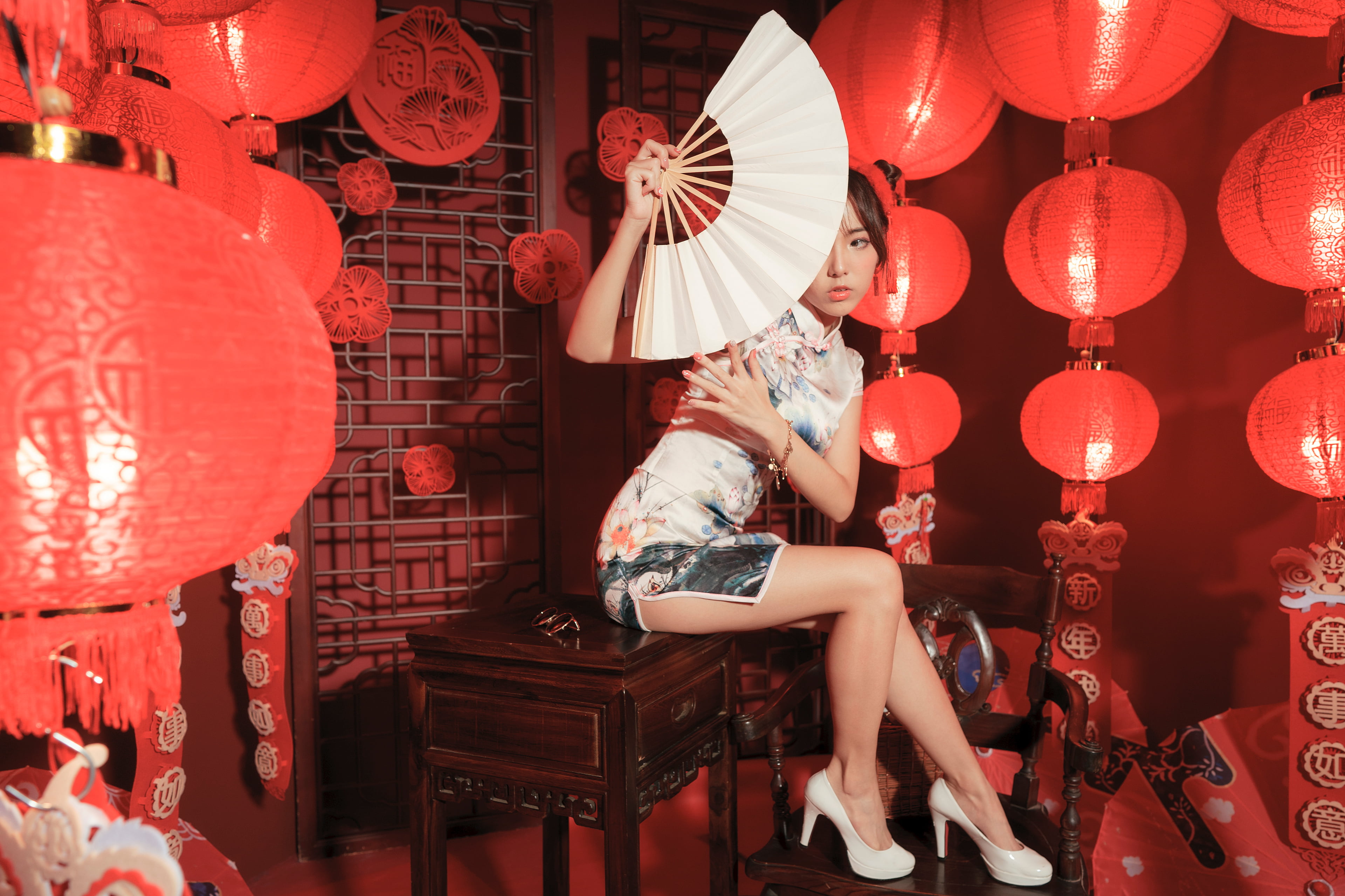 minidress, women, 4K, brunette, chair, Asian, long hair, hair ornament, Japanese umbrella, hair knot, lampions, table, model, sitting, white high heels, HD Wallpaper