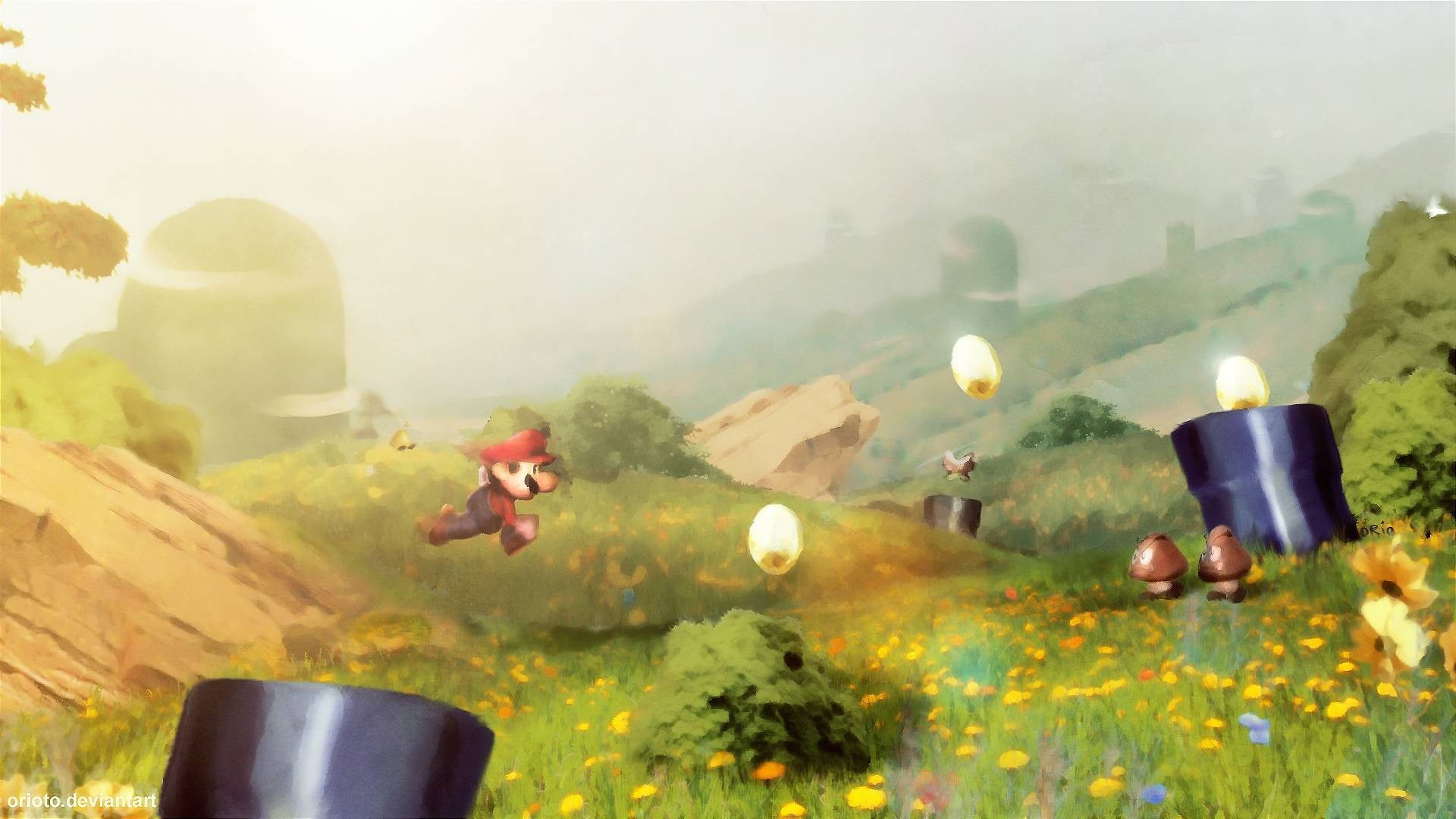 Super Mario, architecture, no people, fog, fire, flame, mario, 1080P, day, religion, sky, painting, built structure, super, landscape, candle, flower, HD Wallpaper