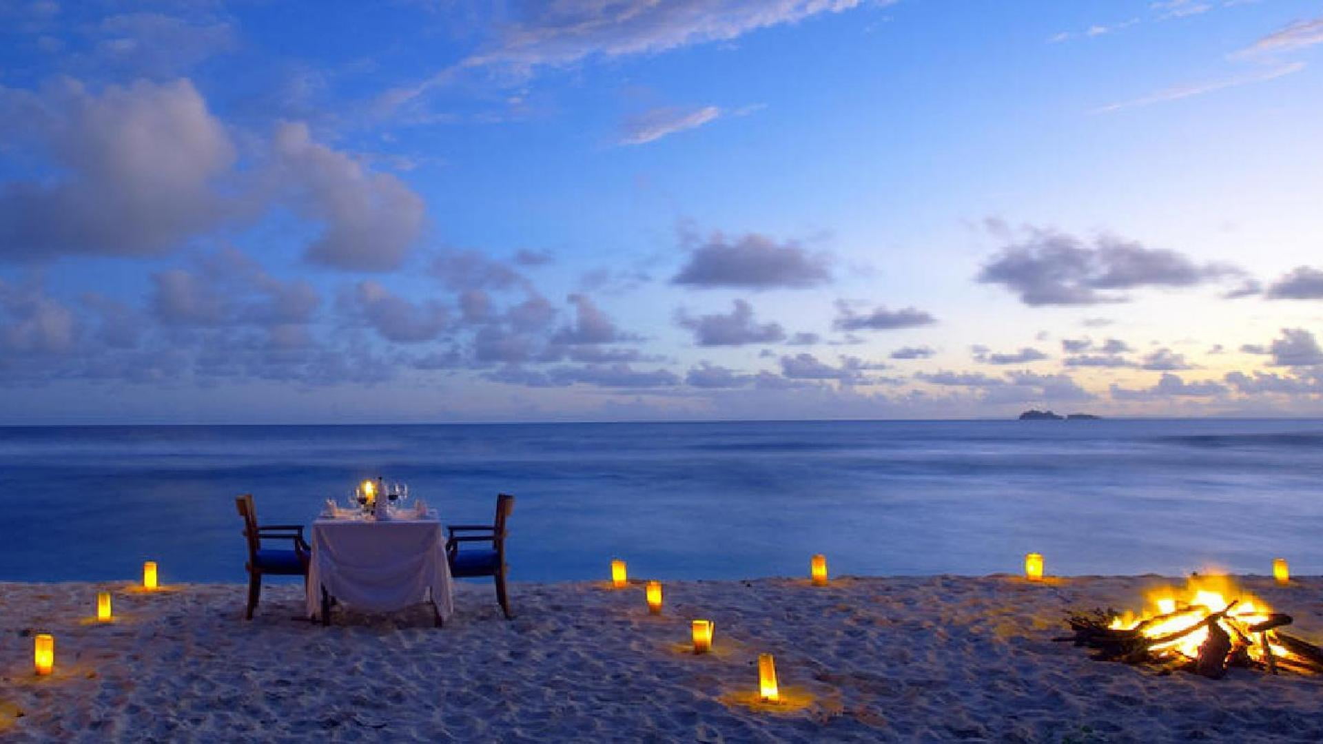 nature, chair, cloud - sky, seat, burning, wooden, the ocean, table, sea, scenics - nature, tranquility, horizon over water, no people, flame, 1080P, romance, HD Wallpaper