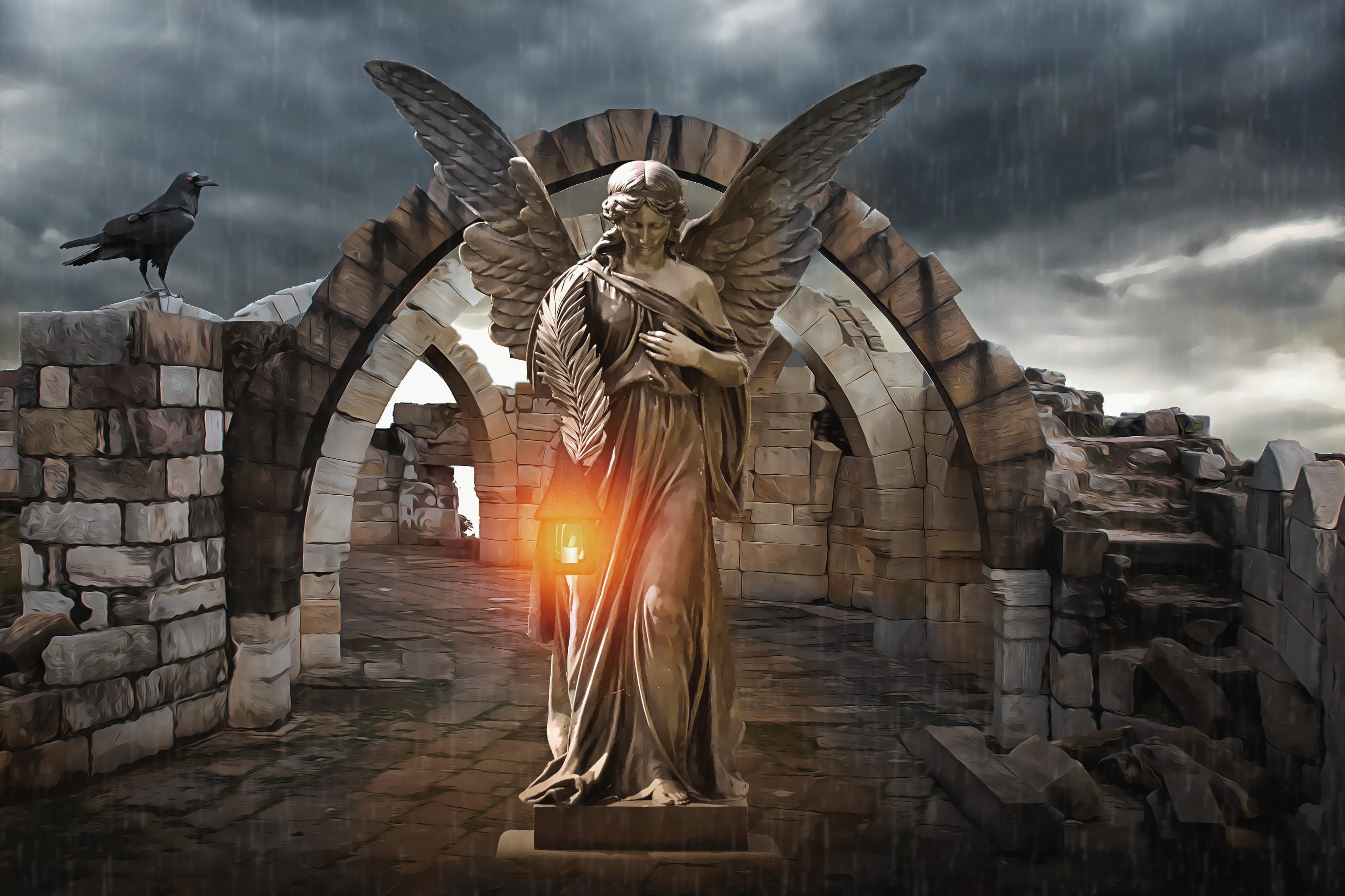 monument, 2K, built structure, sunbeam, building exterior, vertebrate, architecture, sculpture, rain, mausoleum ruins, human representation, sky, dark fantasy, HD Wallpaper