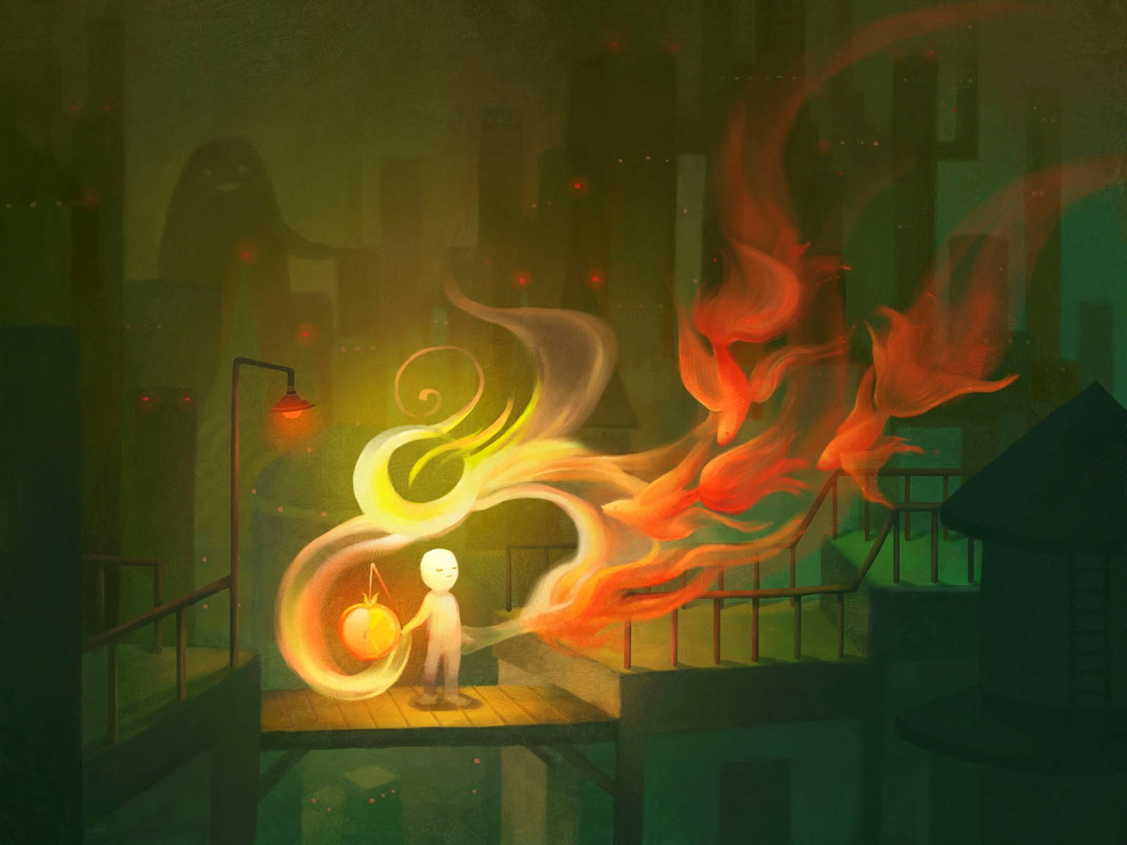 fire, lantern, Figure, light, boy, digital, holding, 720P, HD Wallpaper