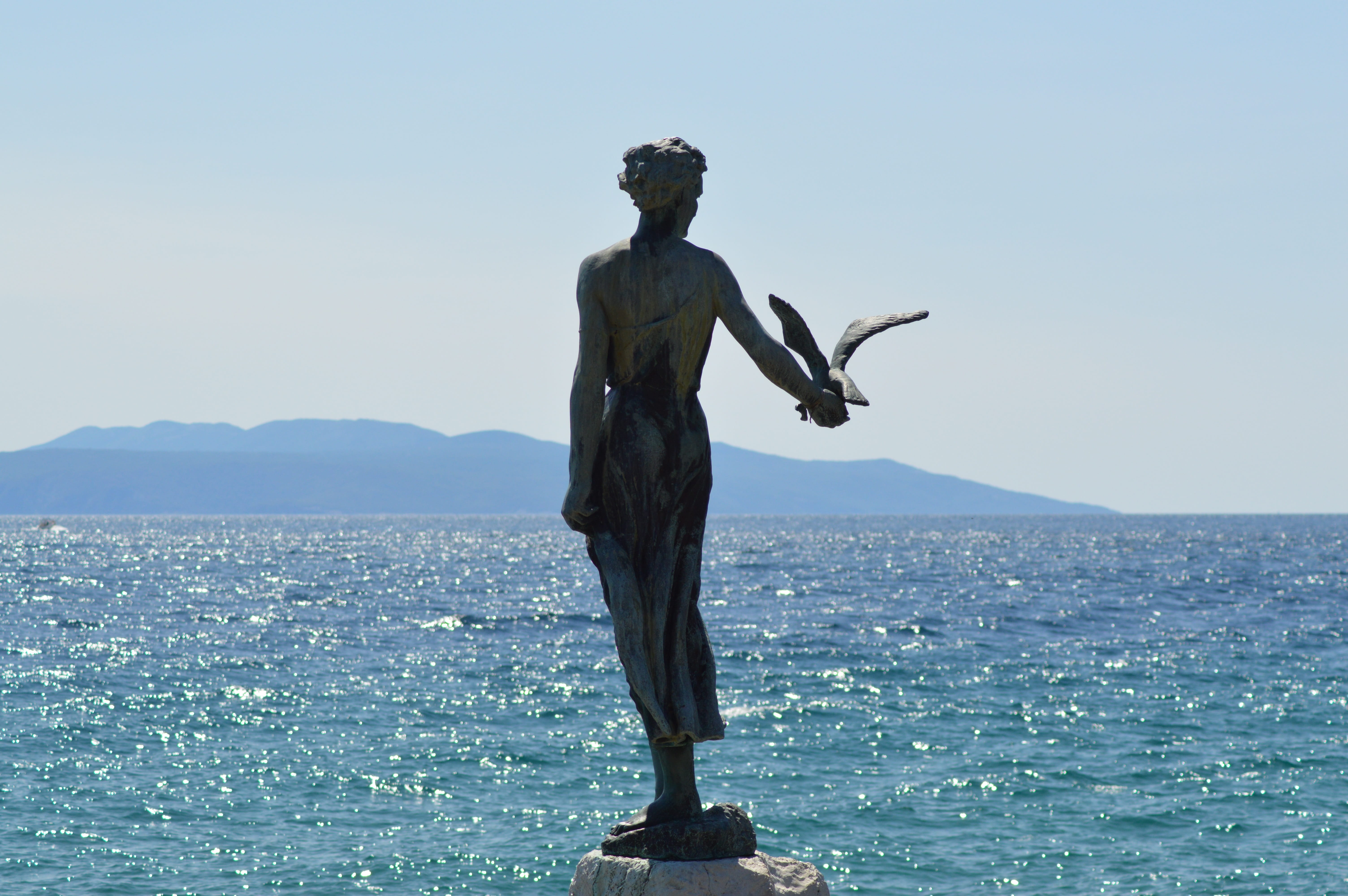 waterfront, bay, sculpture, art and craft, mountain, nature, water, outdoors, beauty in nature, 5K, tranquil scene, adria, sunlight, opatija, sky, scenics - nature, HD Wallpaper