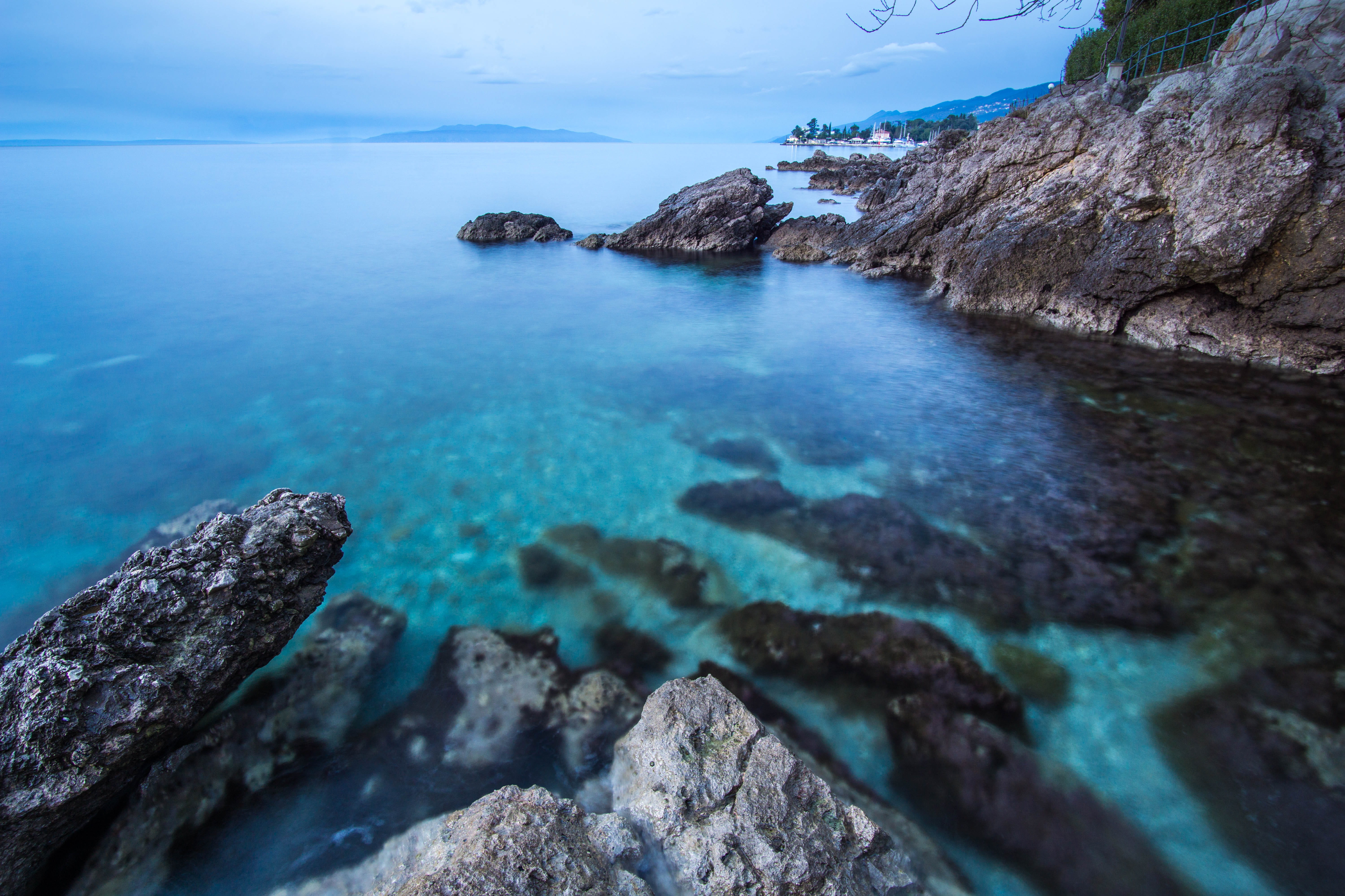 horizon over water, stones, outdoors, croatia, tranquility, idyllic, blue sky, opatija, rocky coastline, rock - object, land, beach, rock formation, solid, HD Wallpaper
