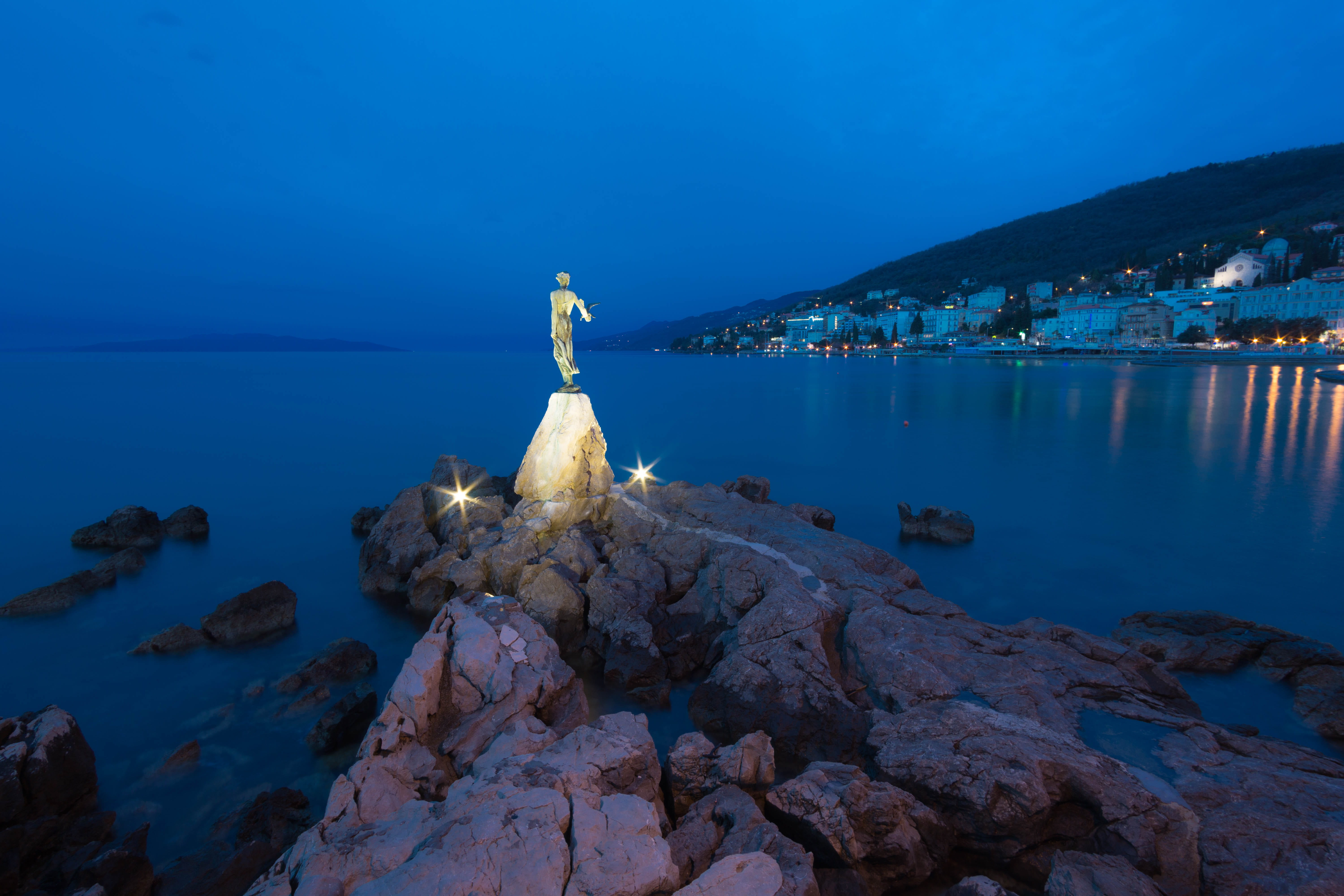 robe, blue, outdoors, rock - object, sea, city, gown, evening dress, art and craft, morning, sculpture, standing, nature, illuminated, mountain, no people, HD Wallpaper