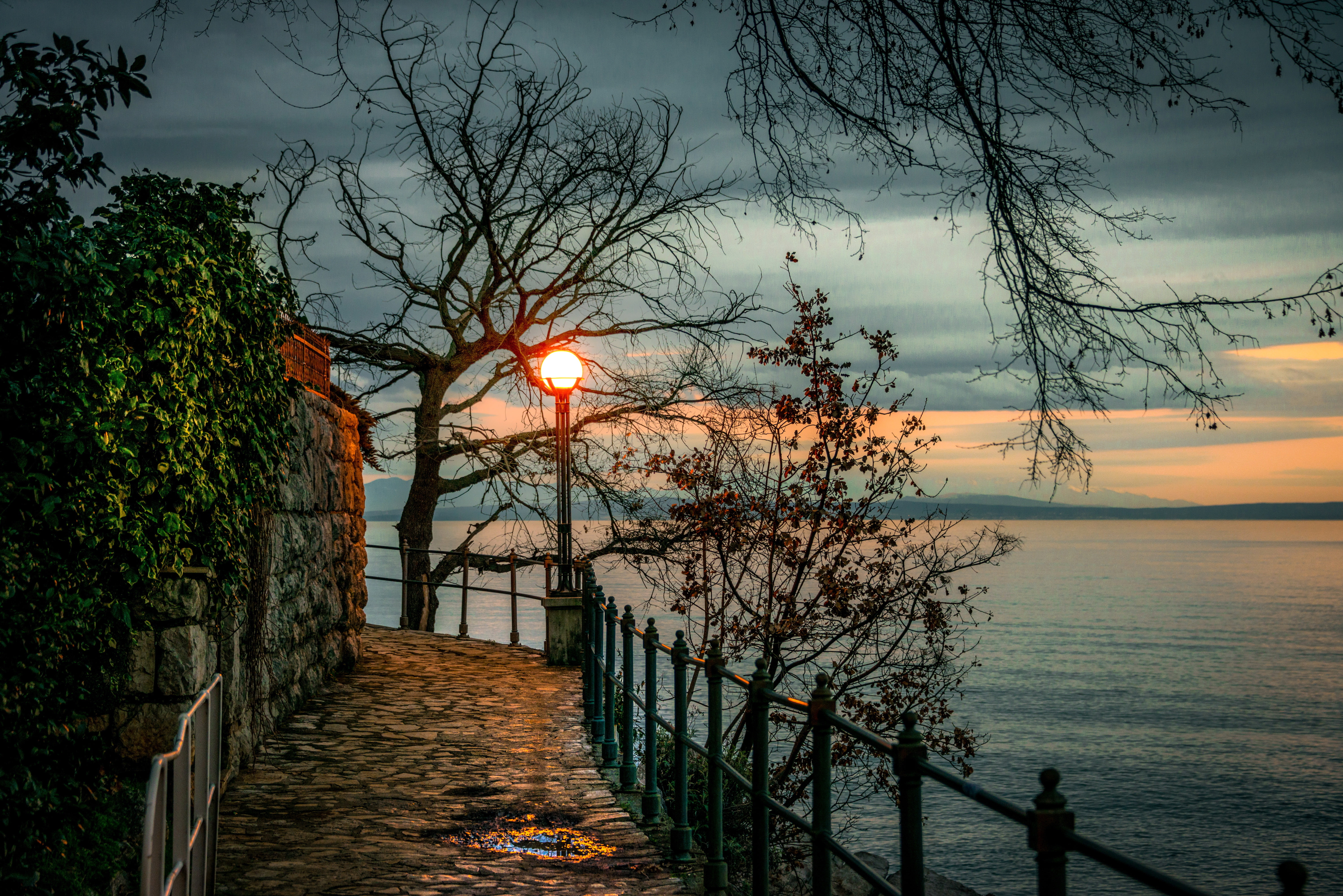 coastline, illuminated, bare, footpath, the evening, Bay, outdoors, orange color, 5K, no People, Croatia, sunset, the way forward, shore, tranquility, HD Wallpaper