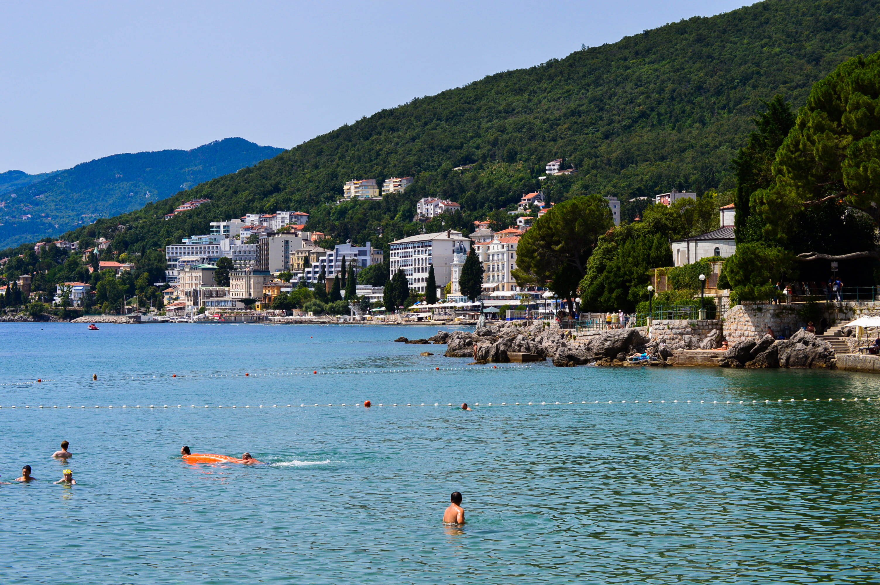 water, vacation, outdoors, beauty in nature, building, land, tree, nature, plant, day, incidental people, waterfront, swimming, opatija, croatia, sea, trip, HD Wallpaper