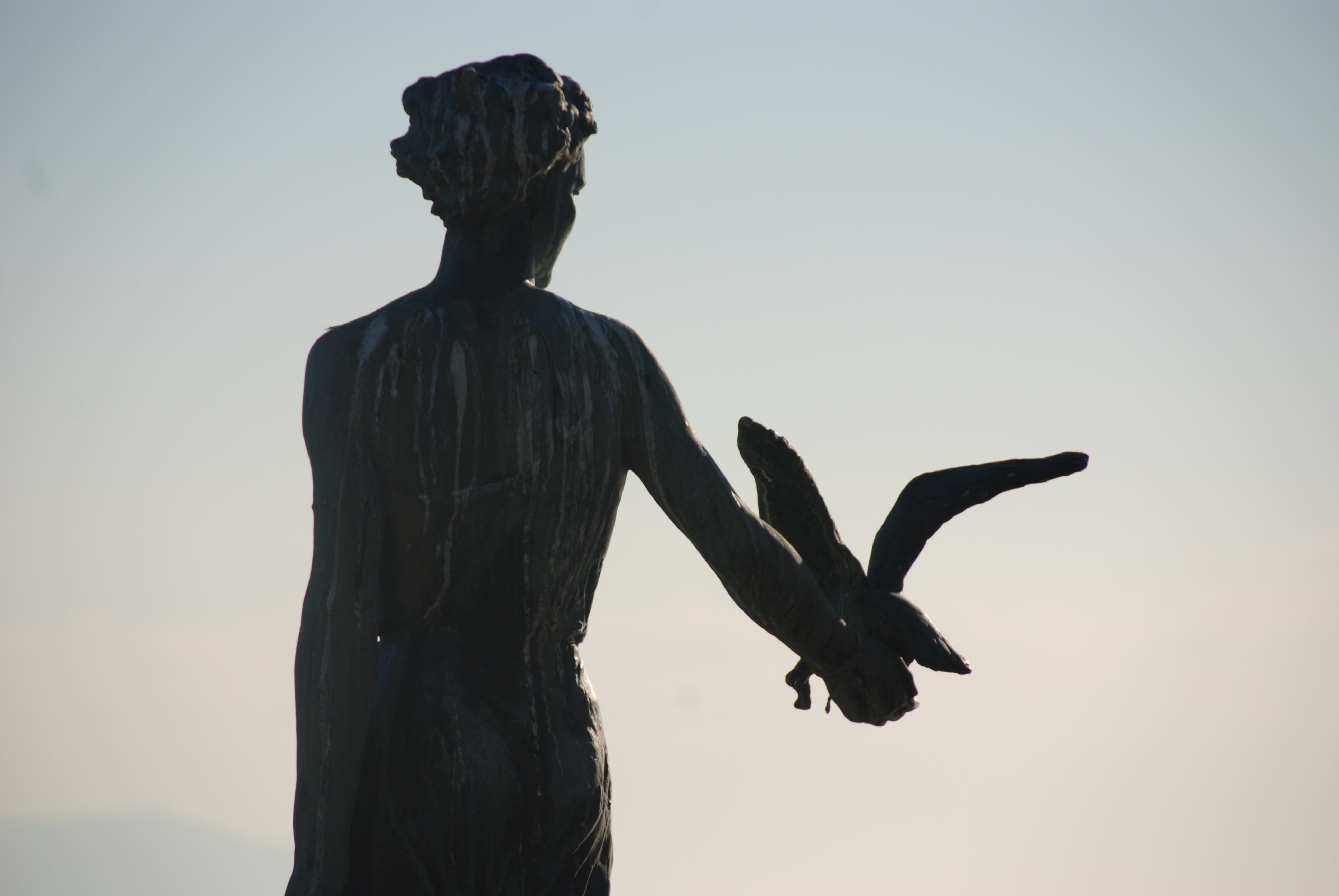 sculpture, art and craft, Statue, 4K, male likeness, bird, real people, one woman only, one person, Opatija, nature, croatia, human representation, standing, HD Wallpaper