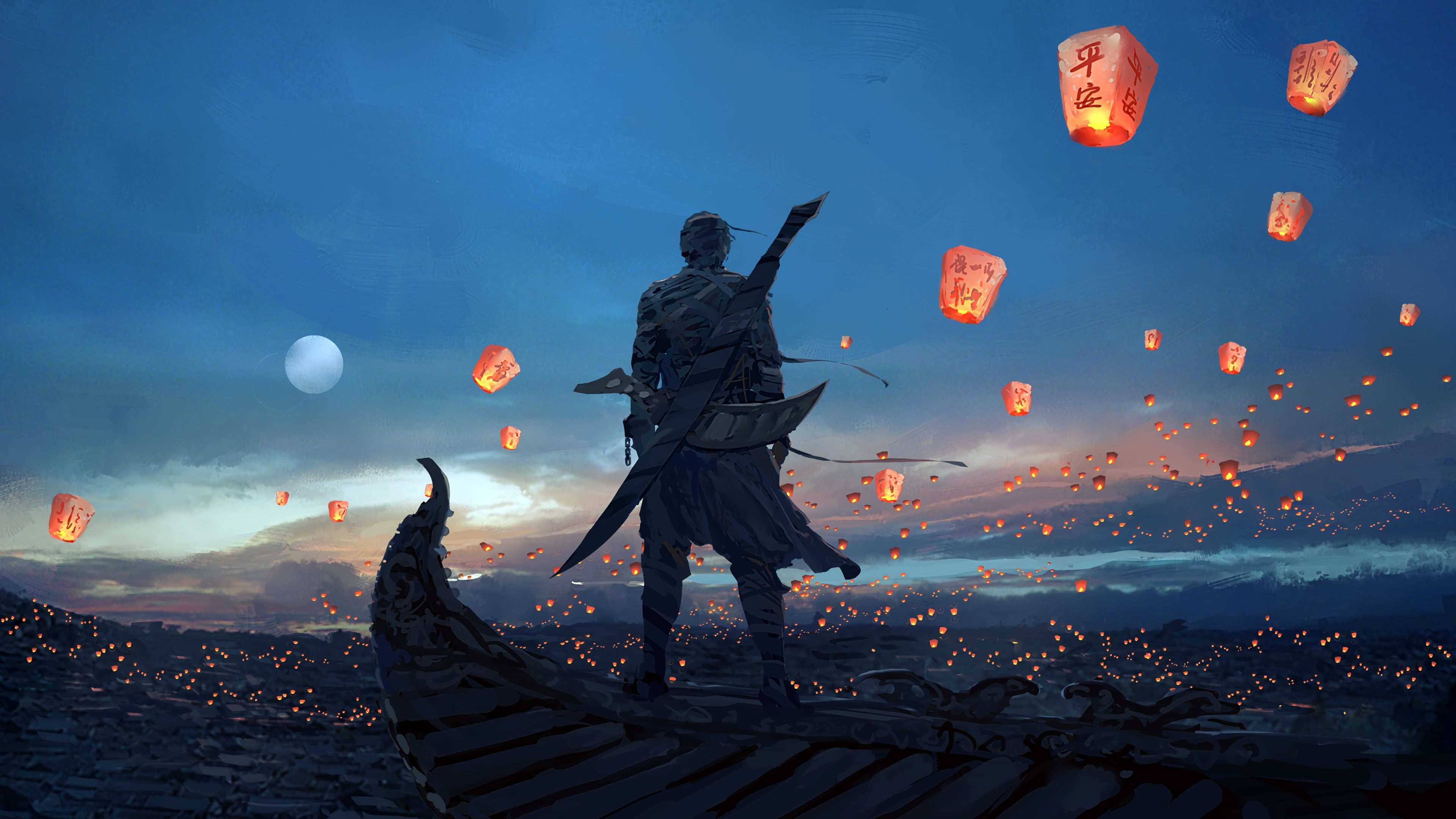 one person, built structure, cloud - sky, lantern, character, mid-air, nature, 4K, sea, architecture, sword, outdoors, flying, representation, sky, illuminated, HD Wallpaper