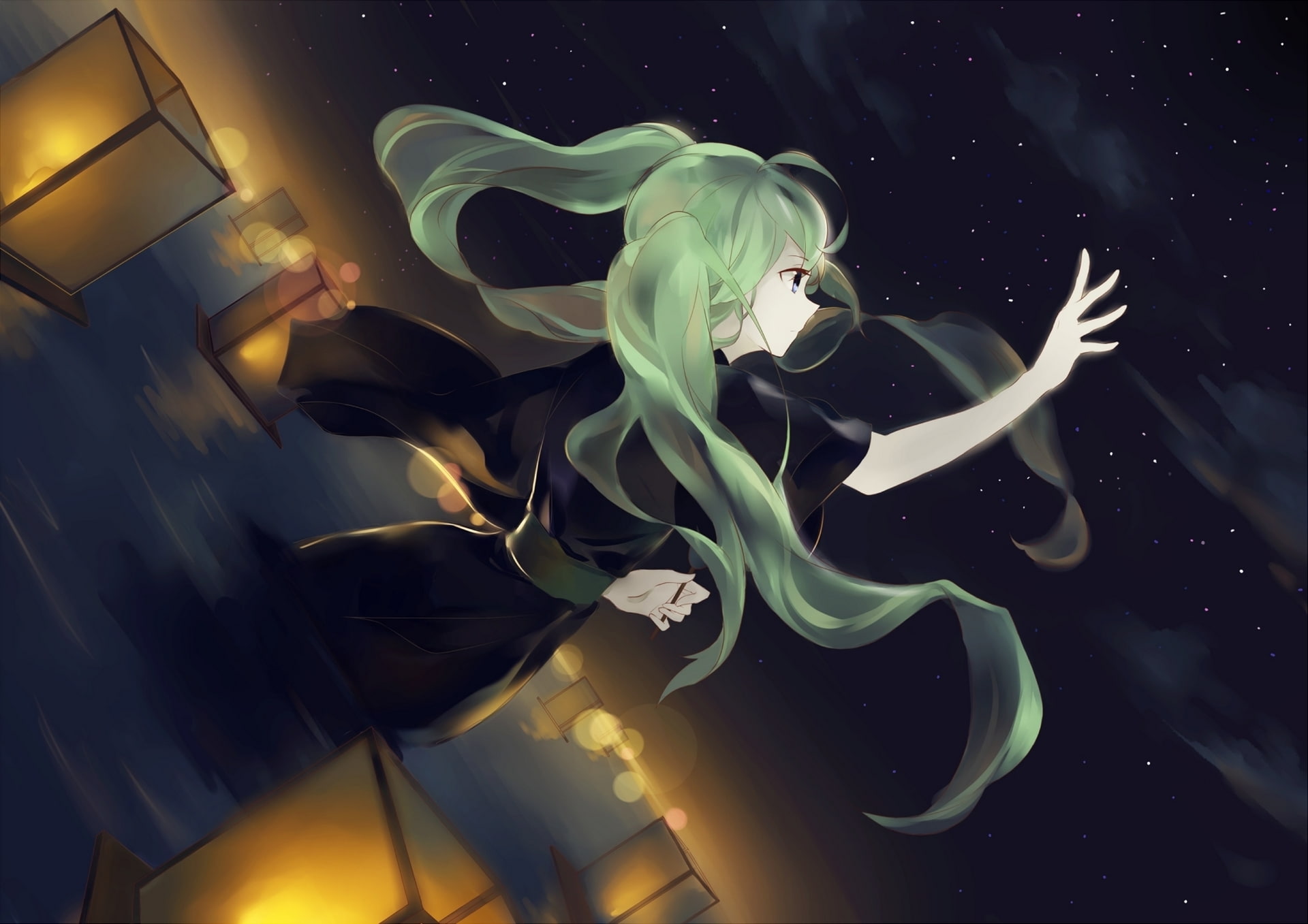 studio shot, no people, one, lanterns, girl, black color, man, art, indoors, blue, paint, hatsune miku, glowing, pattern, kimono, tornado, the sky, stars, HD Wallpaper