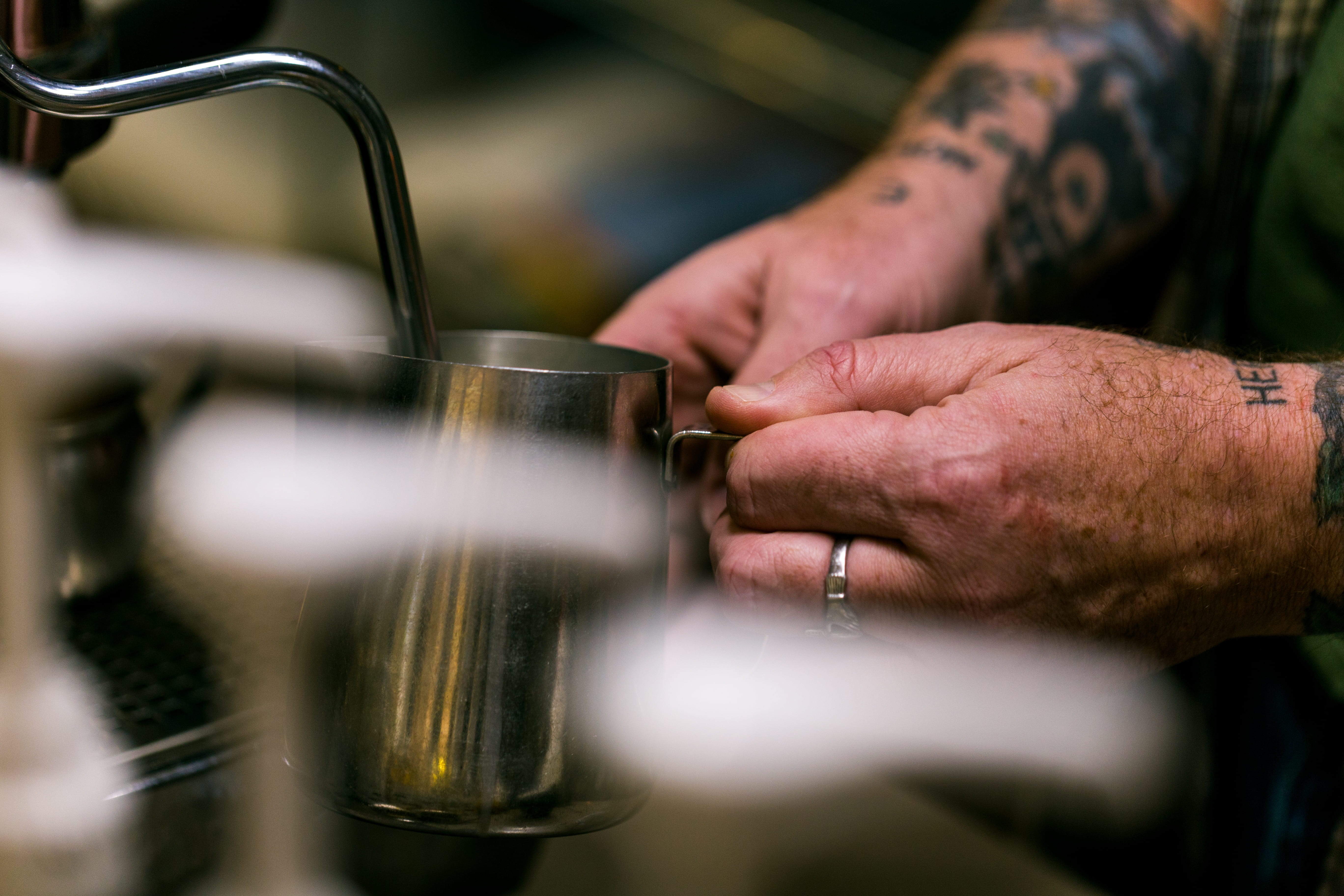 human hand, human body part, steel, tattoo, coffee - drink, refreshment, business, happy, preparation, red, jup, food and drink, milk, hand, male, skill, HD Wallpaper