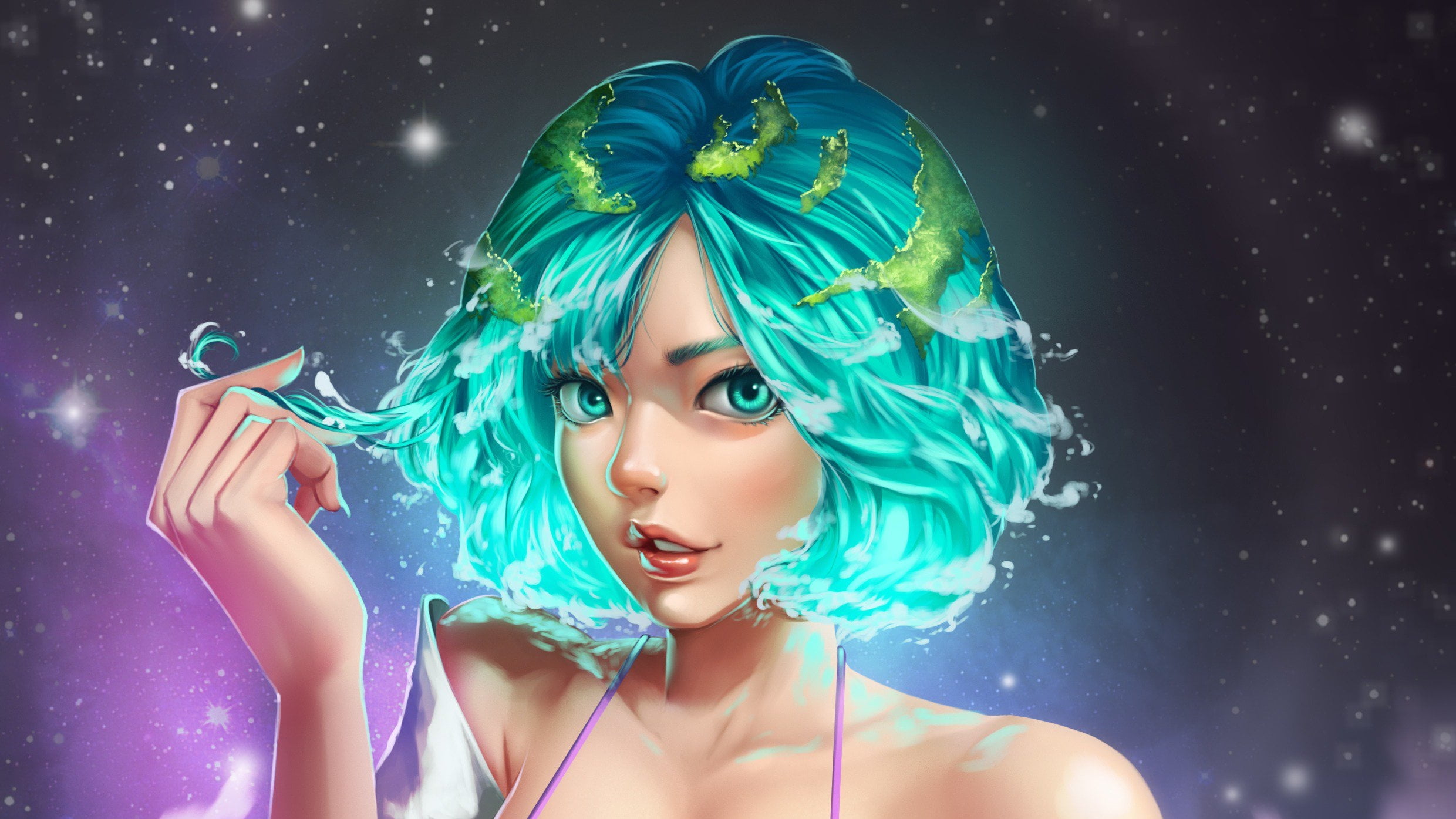 young women, 1080P, turquoise colored, Earth-chan, lifestyles, haired, night, female, headshot, green, young adult, portrait, green color, blue hair, beauty, HD Wallpaper