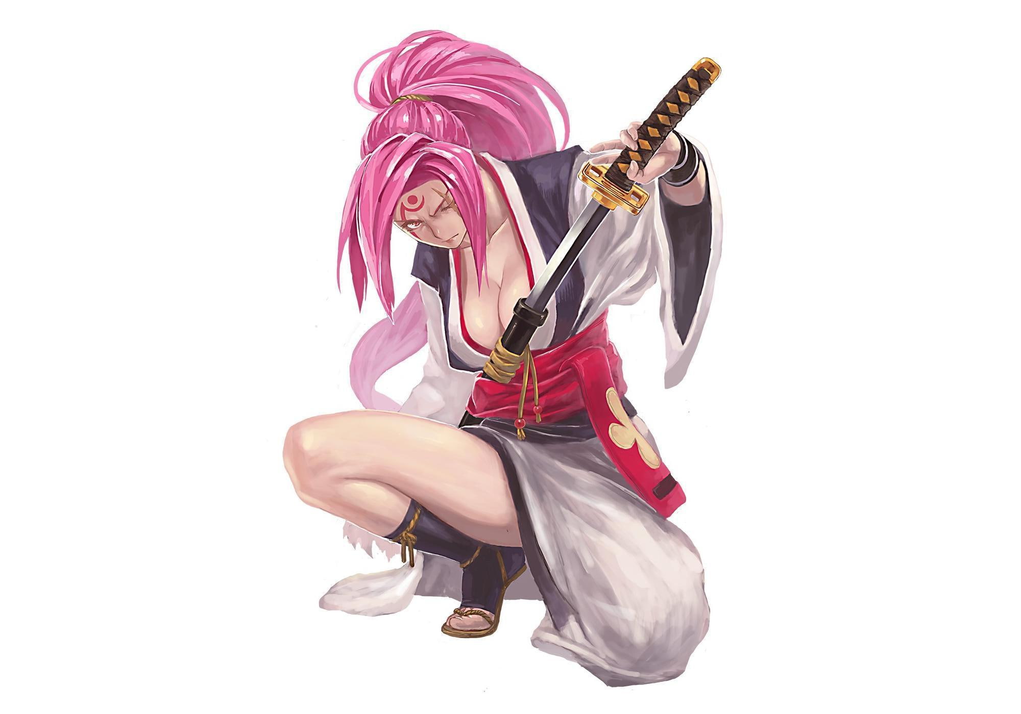 weapons, kimono, waistband, anime, games, baiken, 1080P, female, video games, guilty gear, white background, HD Wallpaper