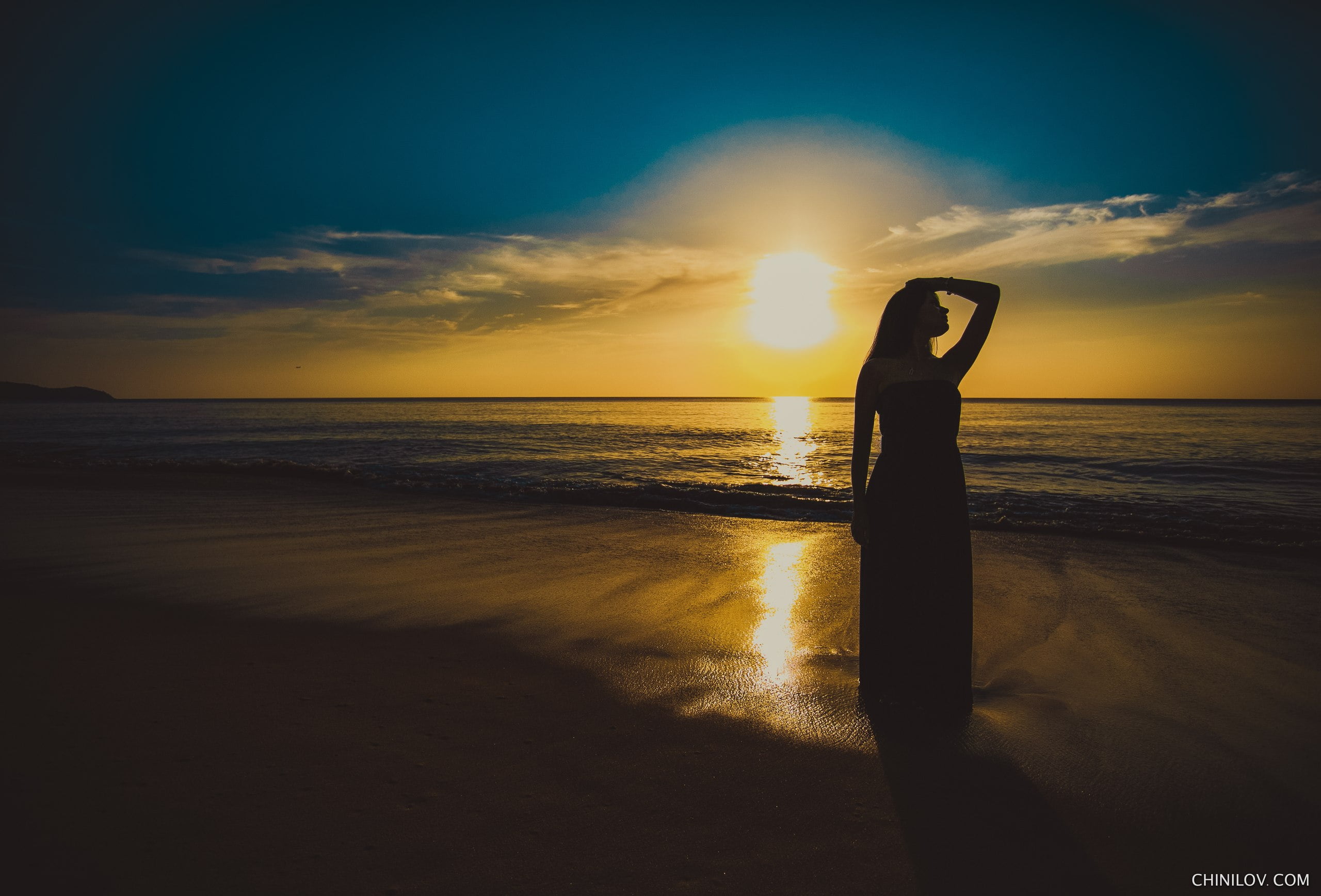nature, arms up, human arm, blue, land, sunset, one person, sea, orange color, tranquility, outdoors, sunlight, women, cloud - sky, scenics - nature, tranquil scene, HD Wallpaper
