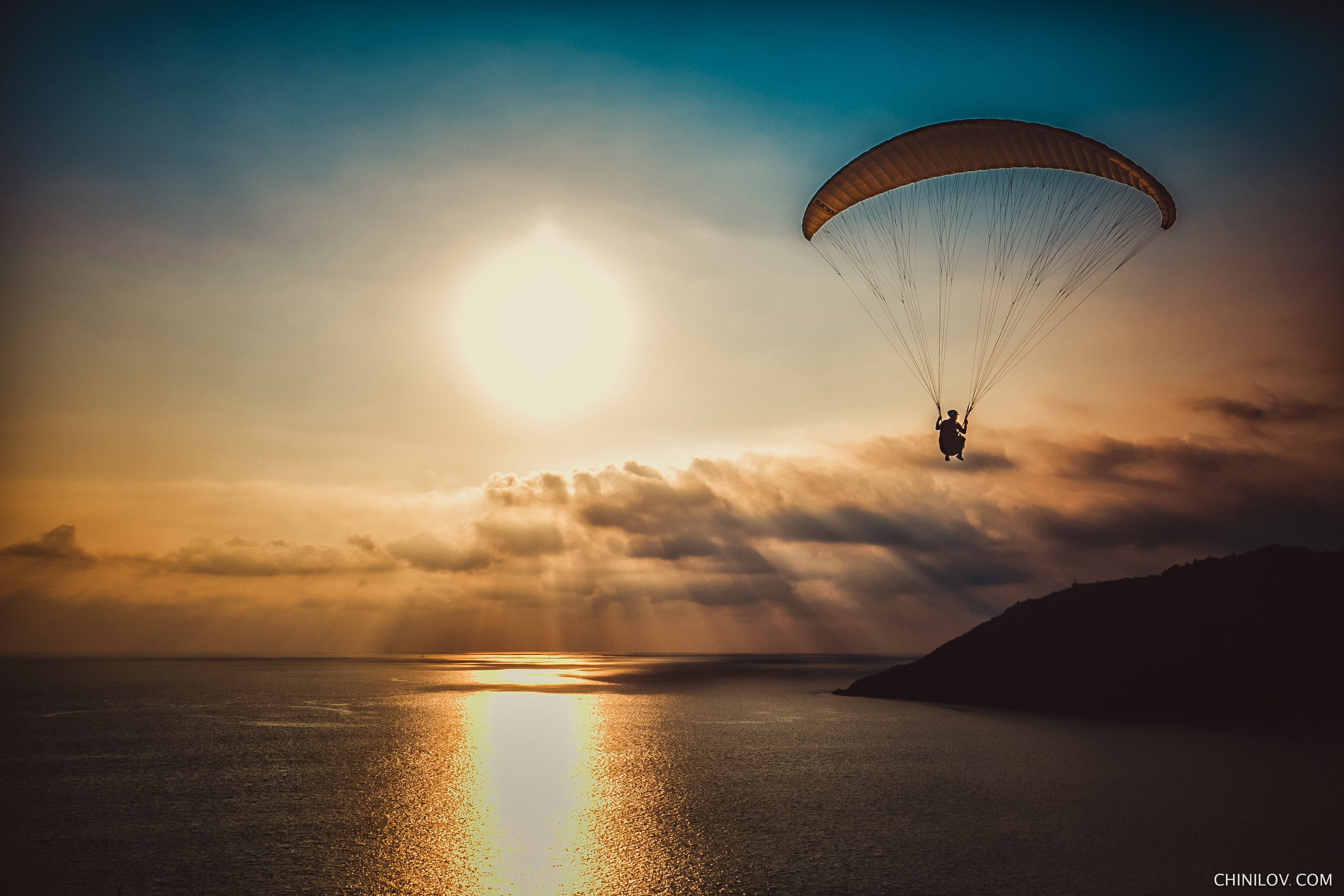 sunlight, dark, nature, sky, 2K, paragliding, Sun, Ivan Chinilov, HD Wallpaper