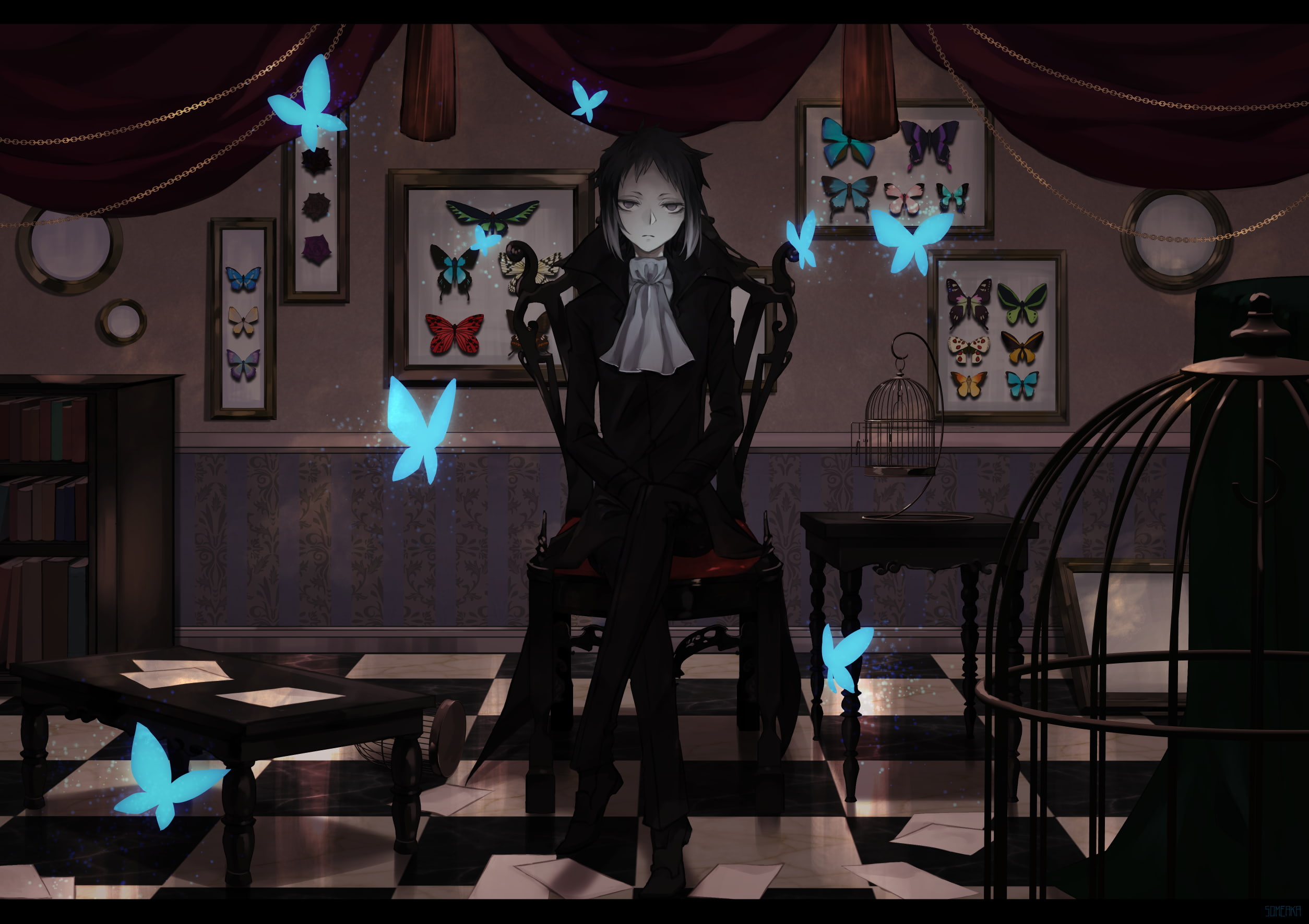 art and craft, digital composite, 1080P, representation, standing, table, human skeleton, transparent, window, casual clothing, akutagawa ryunosuke, Anime, HD Wallpaper