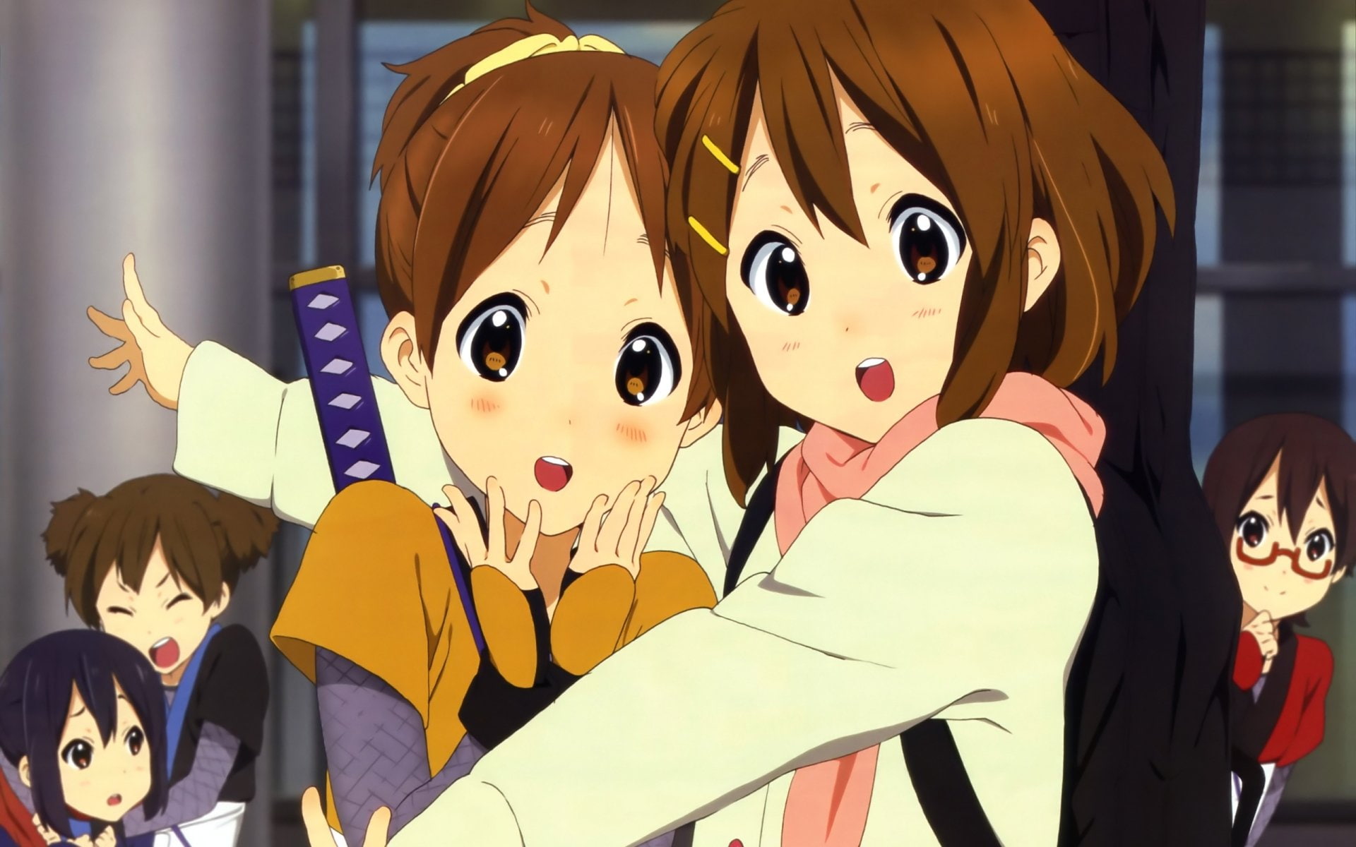 front view, yellow, human representation, Jun Suzuki, Azusa Nakano, close-up, leisure activity, beauty, two people, lifestyles, Yui Hirasawa, indoors, real people, HD Wallpaper