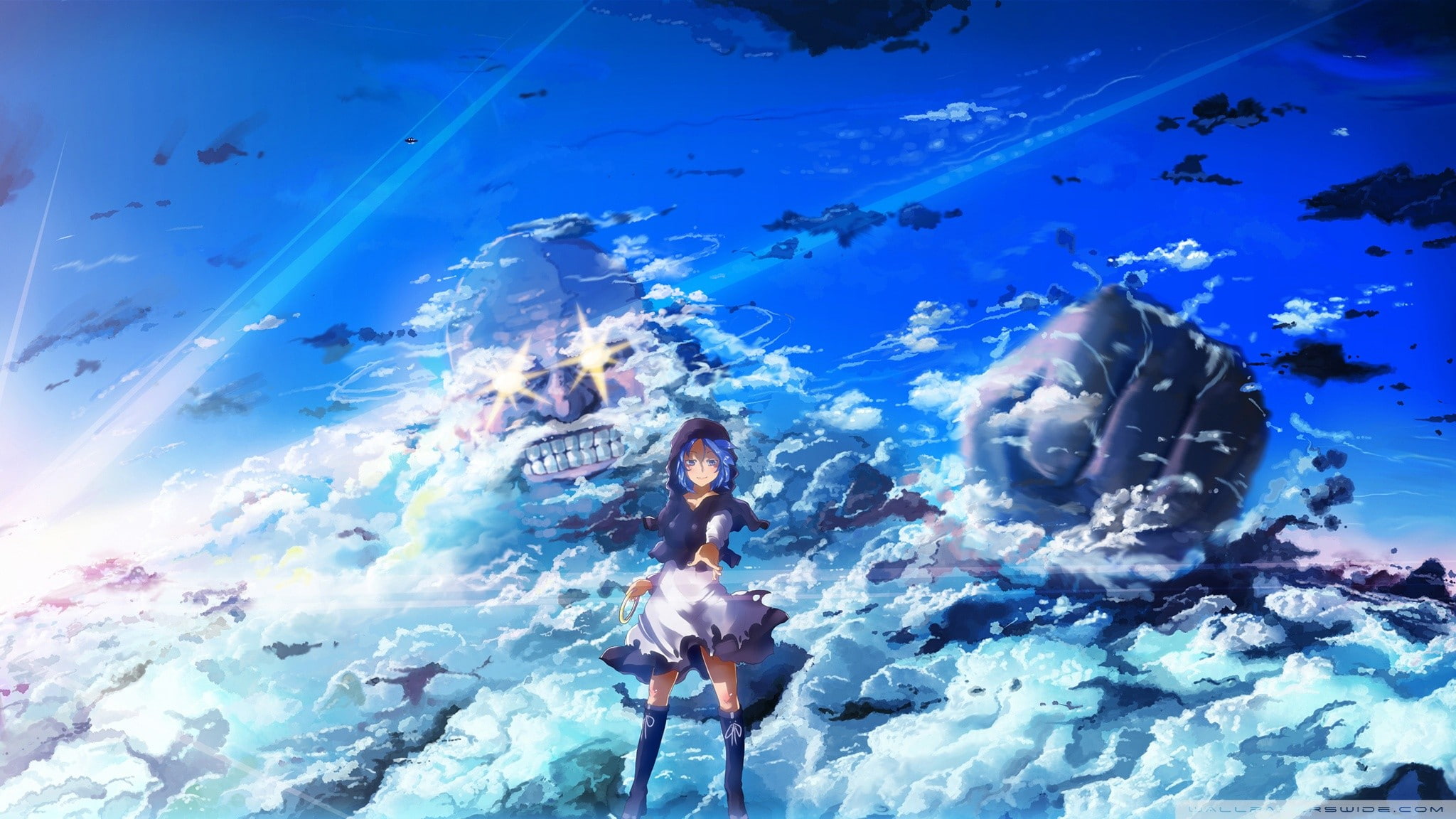 anime girls, blue eyes, sky, watermarked, clouds, blue hair, giant, 1080P, HD Wallpaper