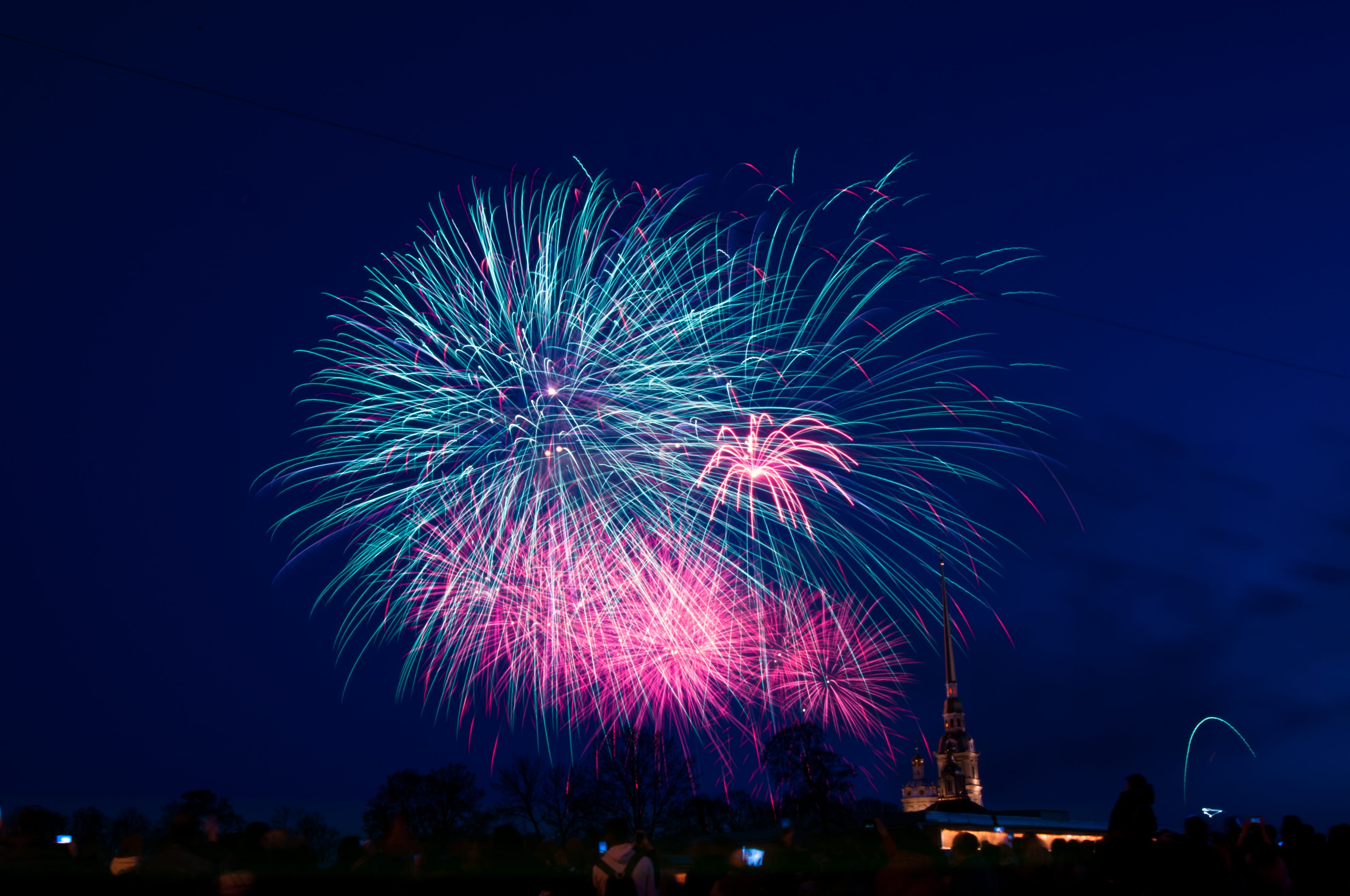fireworks, salute, 4K, architecture, illuminated, sky, the peter and paul fortress, long exposure, celebration, arts culture and entertainment, glowing, HD Wallpaper